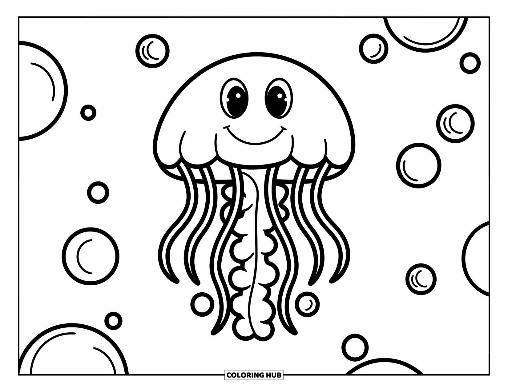 Kolorowanka dla dzieci: Duża, uśmiechnięta meduza otoczona pływającymi bąbelkami na czystym tle