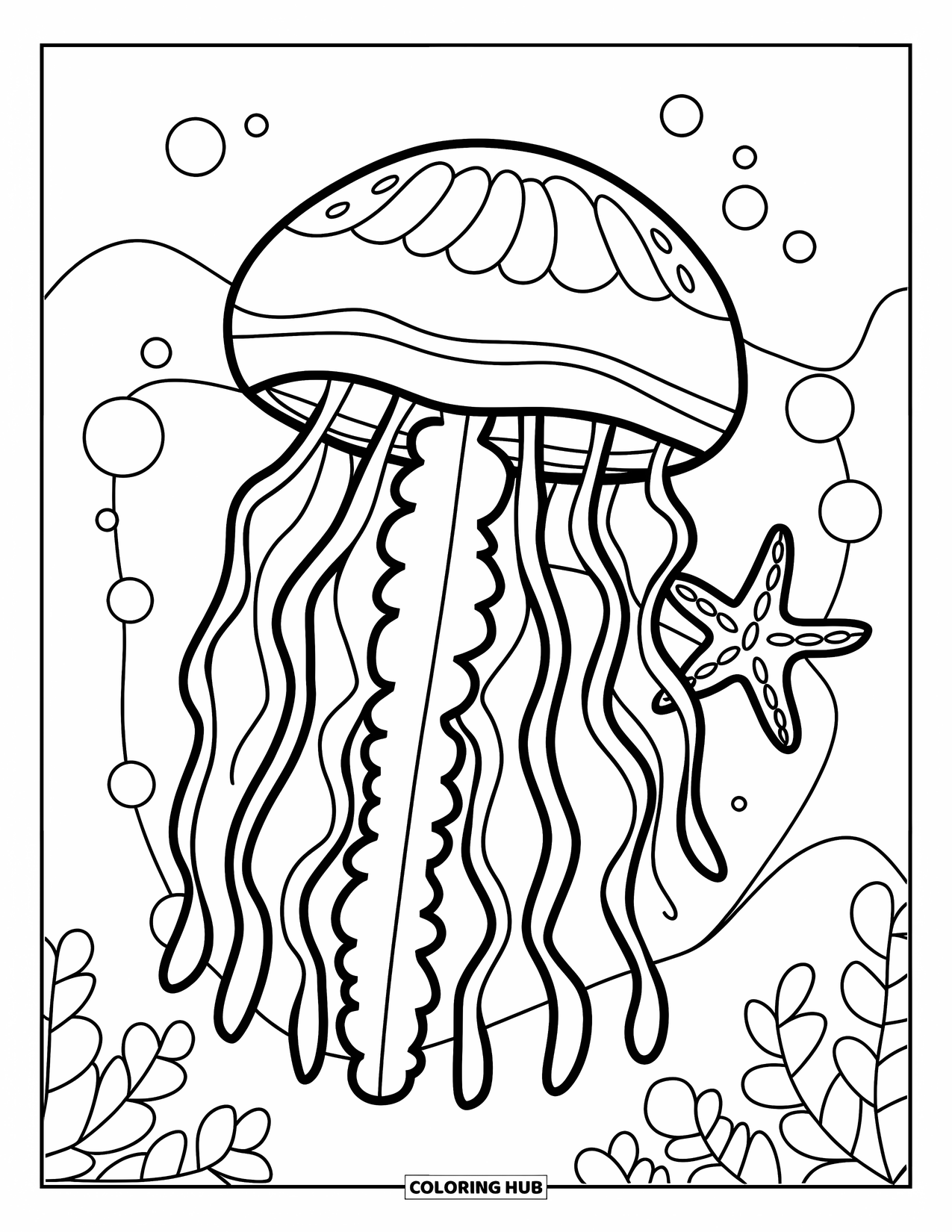 Kolorowanka dla dzieci: Figlarna meduza z okrągłym ciałem i mackami, w towarzystwie rozgwiazdy i bąbelków