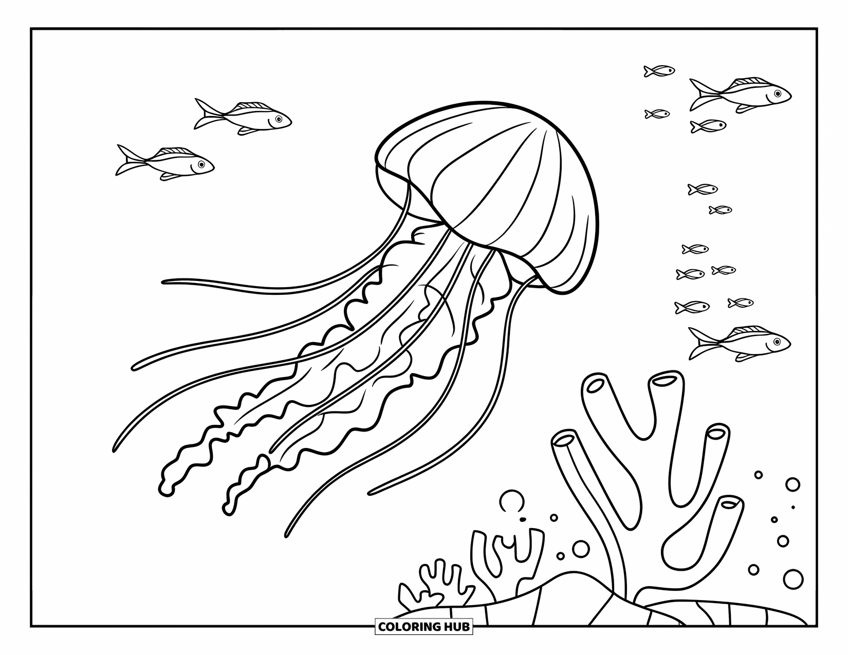 Kolorowanka dla dzieci: Spokojna podwodna scena z meduzą w pobliżu koralowców i przepływających ryb