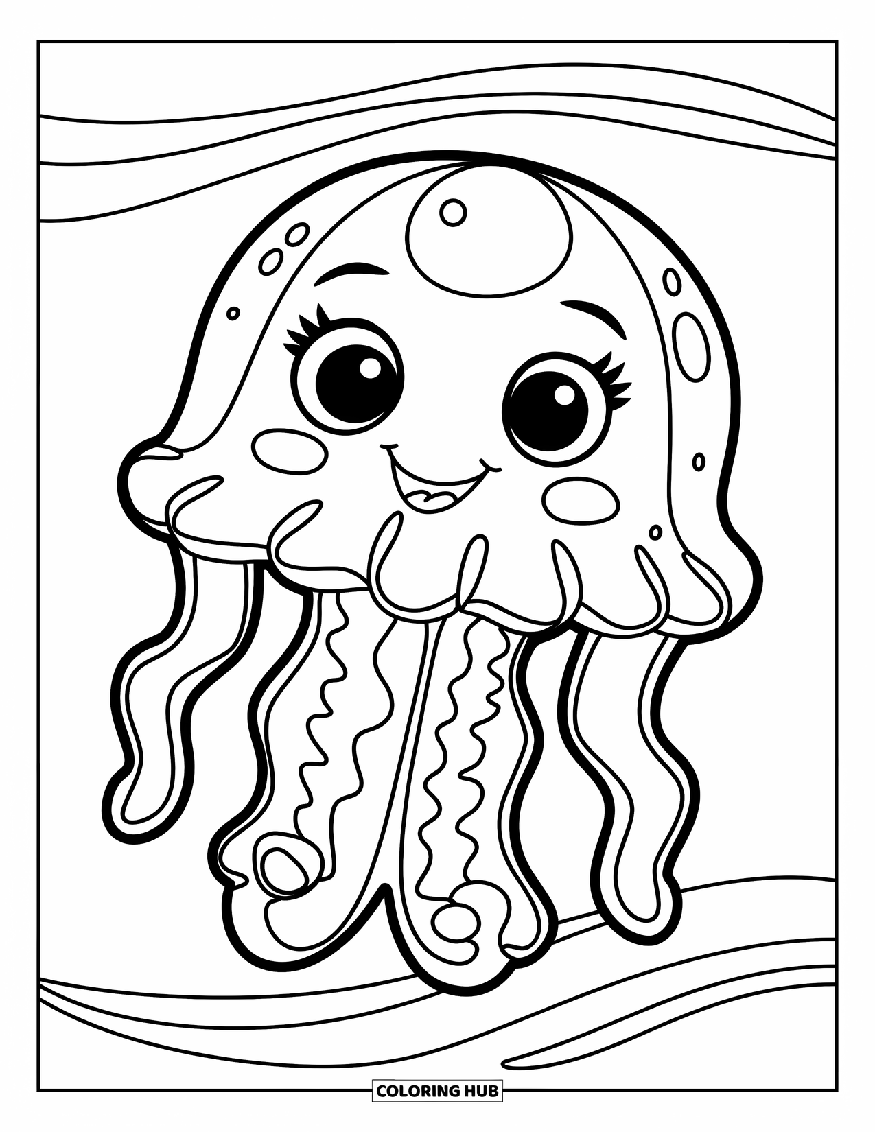 Kolorowanka dla dzieci: Uśmiechnięta meduza z grubymi liniami dryfuje pośród prostych fal wodnych