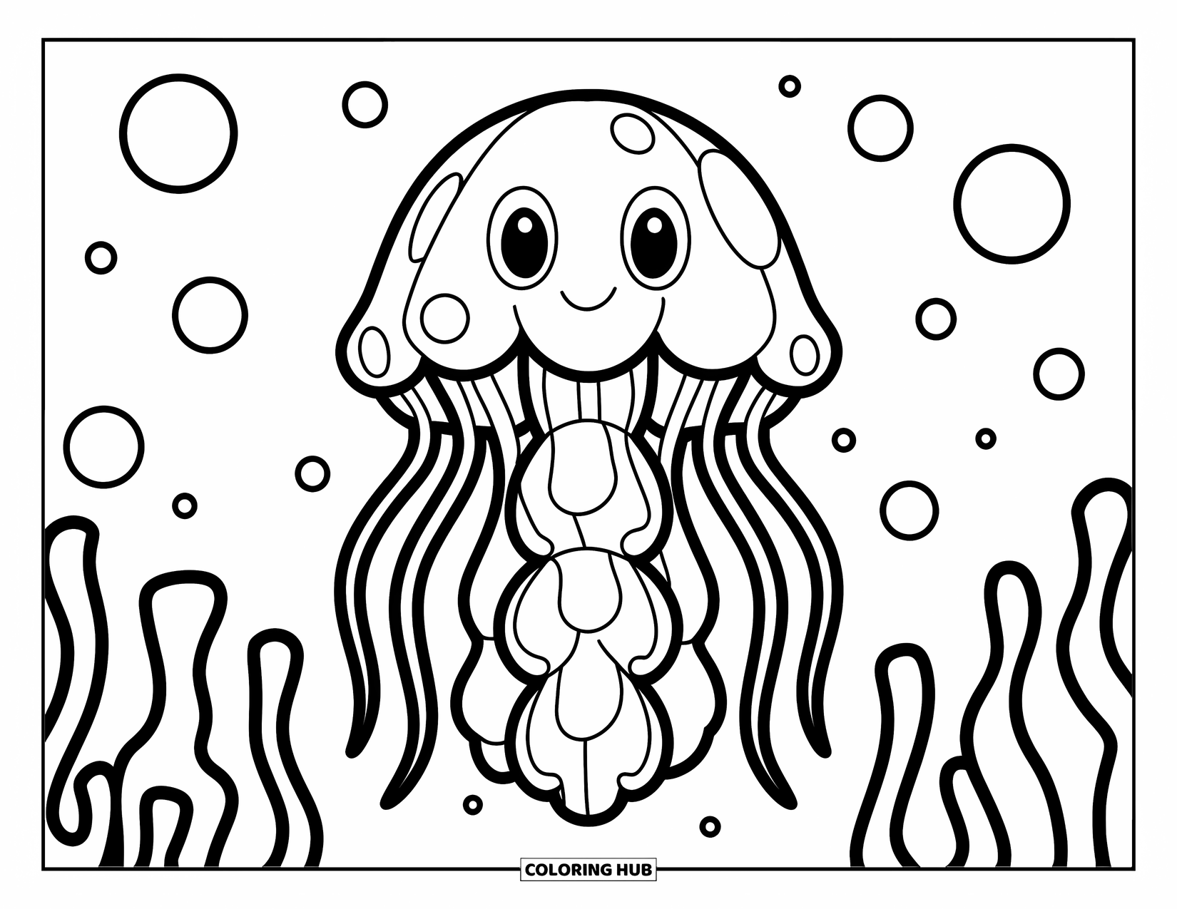Kolorowanka dla dzieci: Uśmiechnięta meduza z grubymi konturami unosi się wśród gęstych bąbelków w prostym projekcie