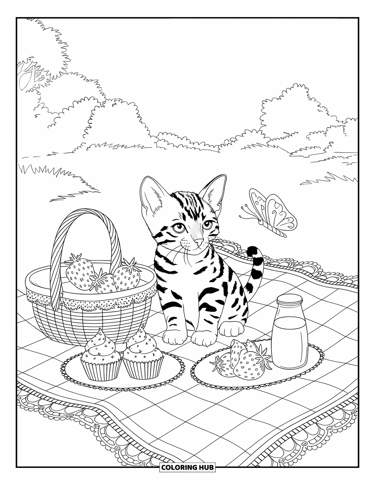 Dibujo de gatito para colorear para adultos: Un gatito bengalí disfruta de un picnic acogedor, rodeado de fruta, cupcakes y delicados detalles de encaje