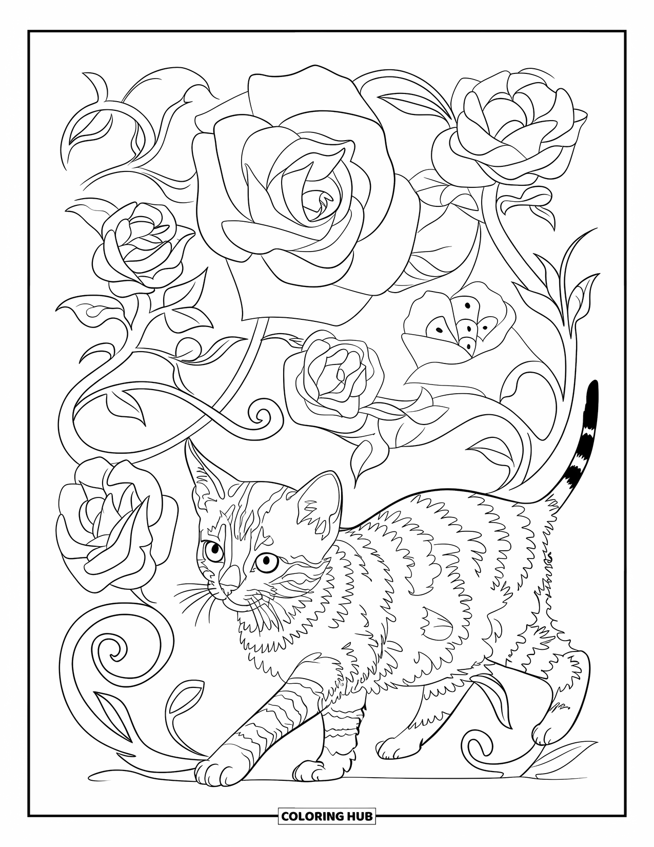 Dibujo de gatito para colorear para adultos: Un gatito bengalí camina con gracia a través de enredaderas giratorias, con rosas floreciendo a lo largo de su camino