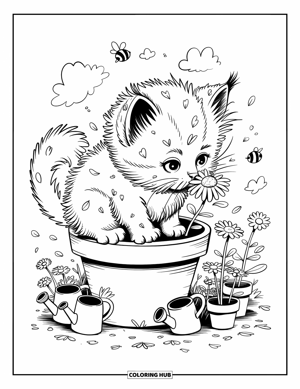 Dibujo de gatito para colorear para adultos: Un gatito curioso dentro de una maceta huele una margarita, rodeado de pequeños elementos de jardín