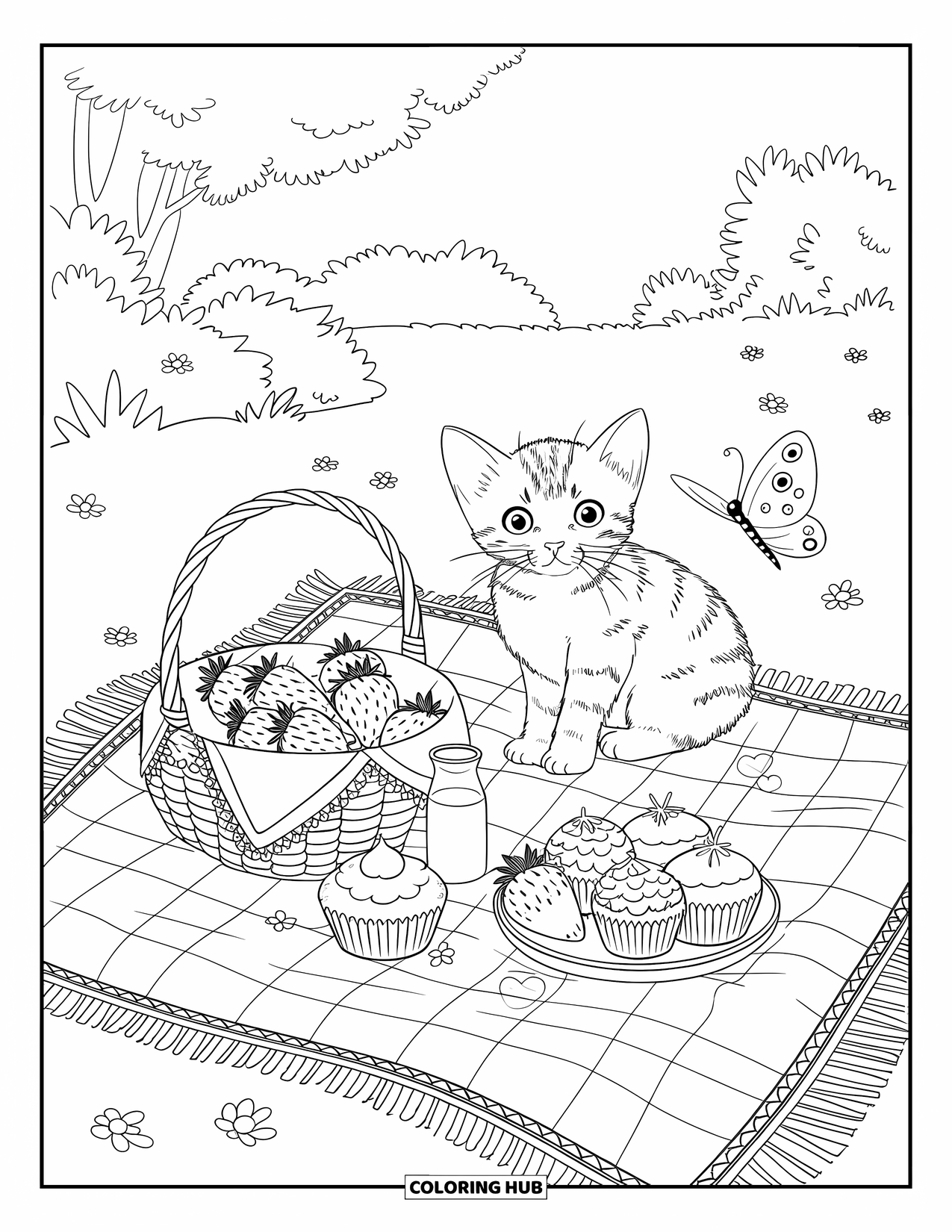 Dibujo de gatito para adultos: Un curioso gatito se sienta en un picnic, rodeado de fresas, pastelitos y una mariposa revoloteando