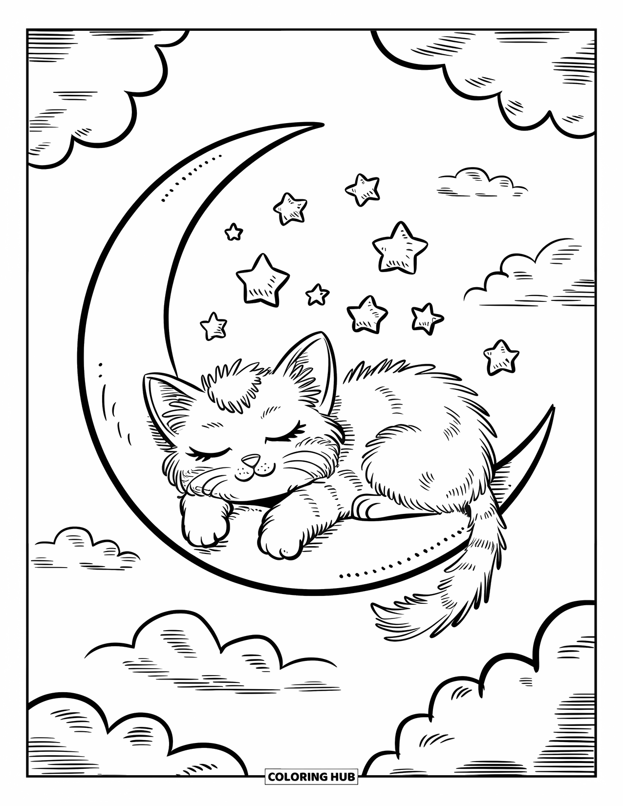 Dibujo de gatito para adultos: Un gatito de ensueño descansa sobre una luna creciente, rodeado de estrellas flotantes y nubes esponjosas