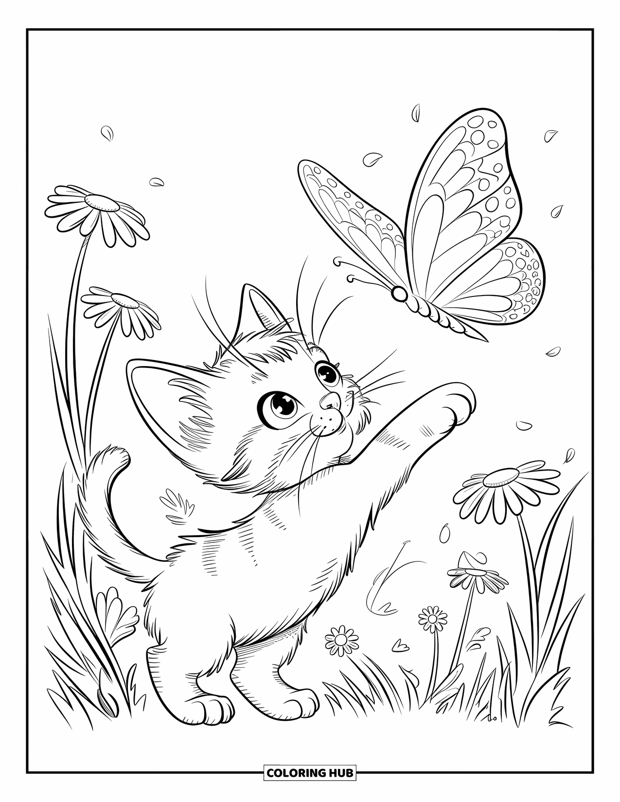 Dibujo de gatito para colorear para adultos: Un gatito esponjoso salta hacia una mariposa, rodeado de flores y una suave brisa
