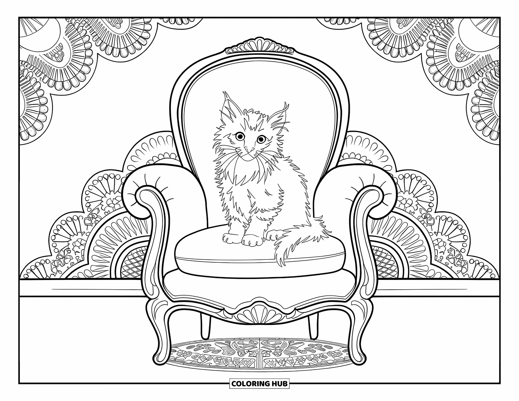 Dibujo de gatito para colorear para adultos: Un gatito esponjoso se sienta en una silla antigua, con los ojos muy abiertos mientras los patrones de encaje enmarcan la escena