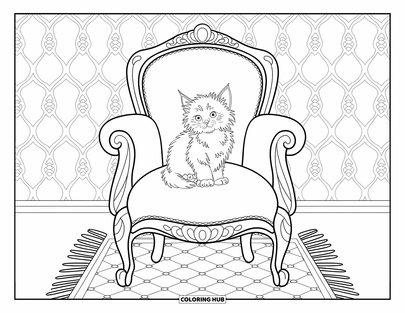 Dibujo de gatito para colorear para adultos: Un gatito esponjoso se sienta en una silla victoriana ornamentada, rodeado de encaje elegante y detalles vintage