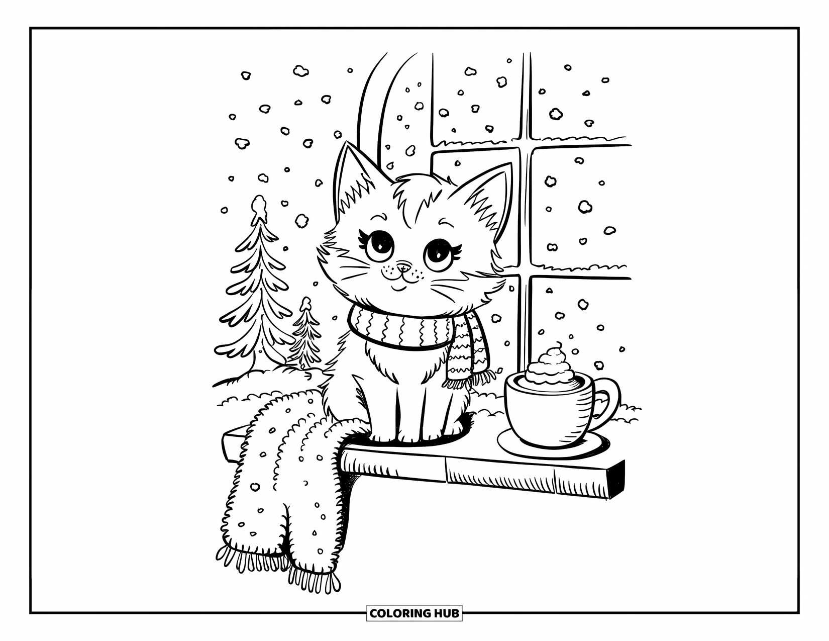 Dibujo de gatito para colorear para adultos: Un gatito esponjoso observa los copos de nieve desde el alféizar de una ventana acogedora, envuelto en una bufanda junto a un chocolate caliente