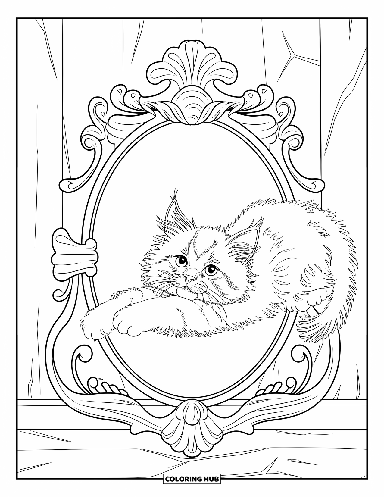 Dibujo de gatito para colorear para adultos: Un gatito arquea su espalda dentro de un espejo barroco giratorio, su pelaje se mezcla con los patrones