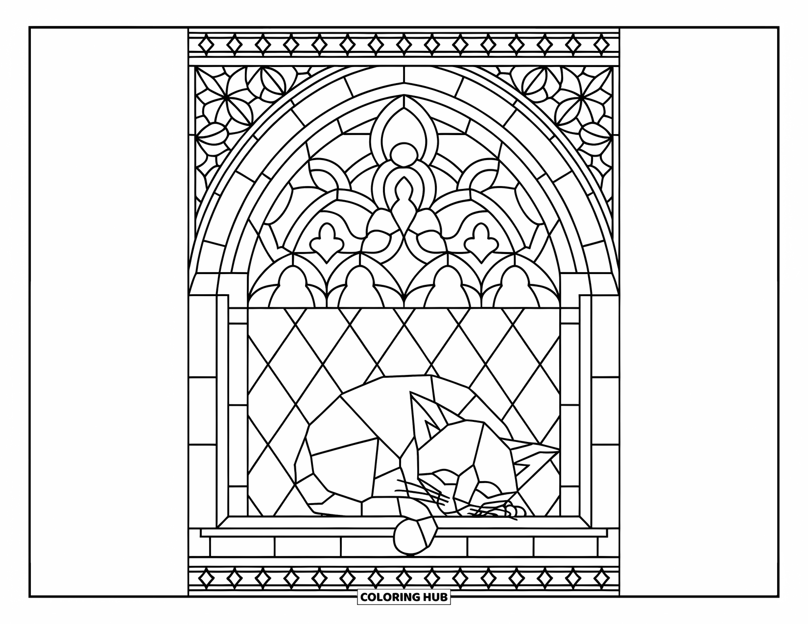 Dibujo de gatito para colorear para adultos: Un gatito dormita dentro de una vidriera de estilo gótico, rodeado de intrincadas formas geométricas
