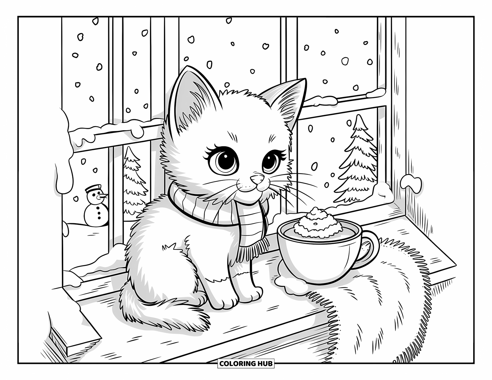 Dibujo de gatito para adultos: Un gatito con una bufanda se sienta junto a la ventana, bebiendo chocolate y contemplando la vista nevada