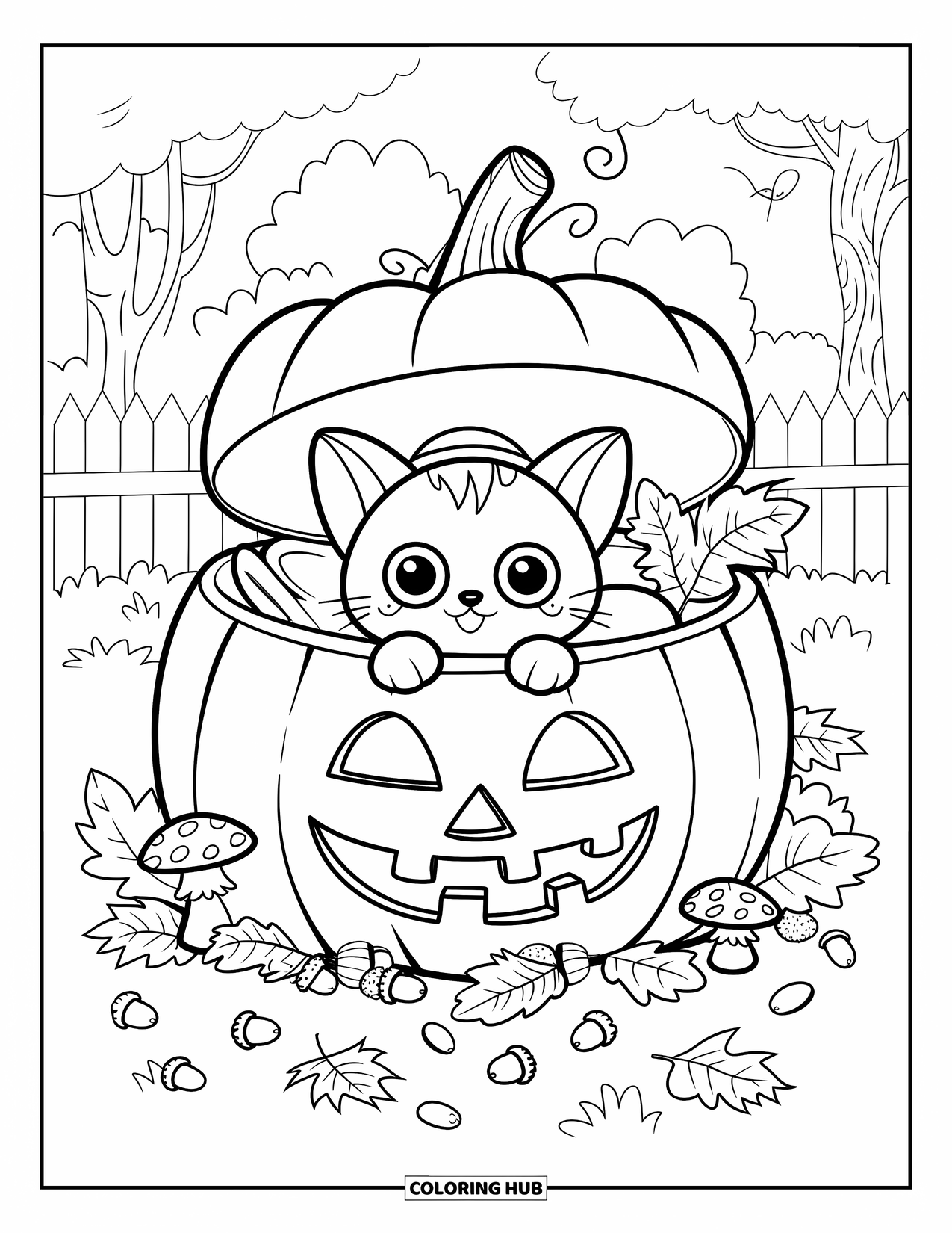 Dibujo de gatito para colorear para adultos: Un gatito con un sombrero pequeño asoma desde una calabaza, rodeado de hojas y un ambiente otoñal acogedor