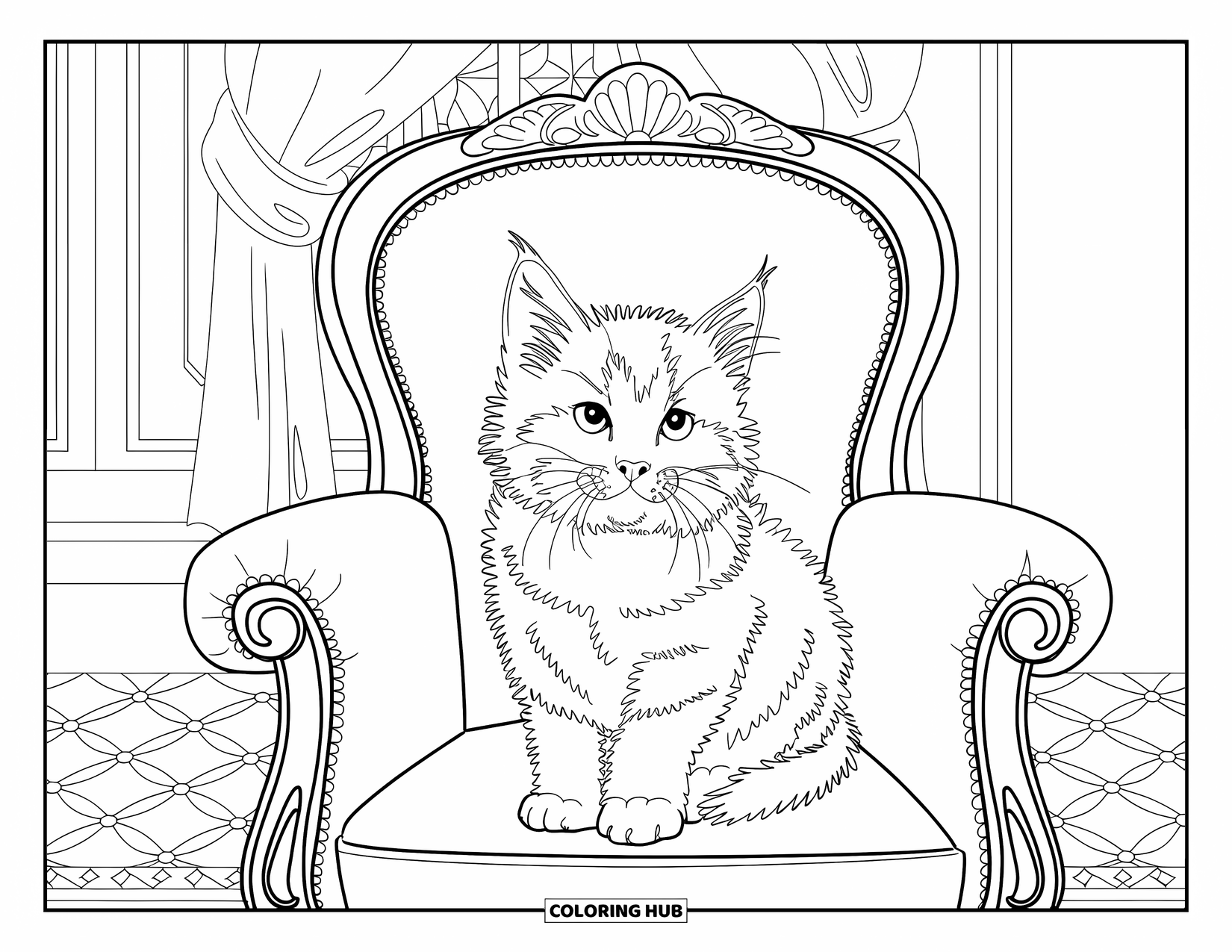 Dibujo de gatito para colorear para adultos: Un gatito descansa en una silla victoriana, descansando sobre una alfombra estampada con un telón de fondo de encaje