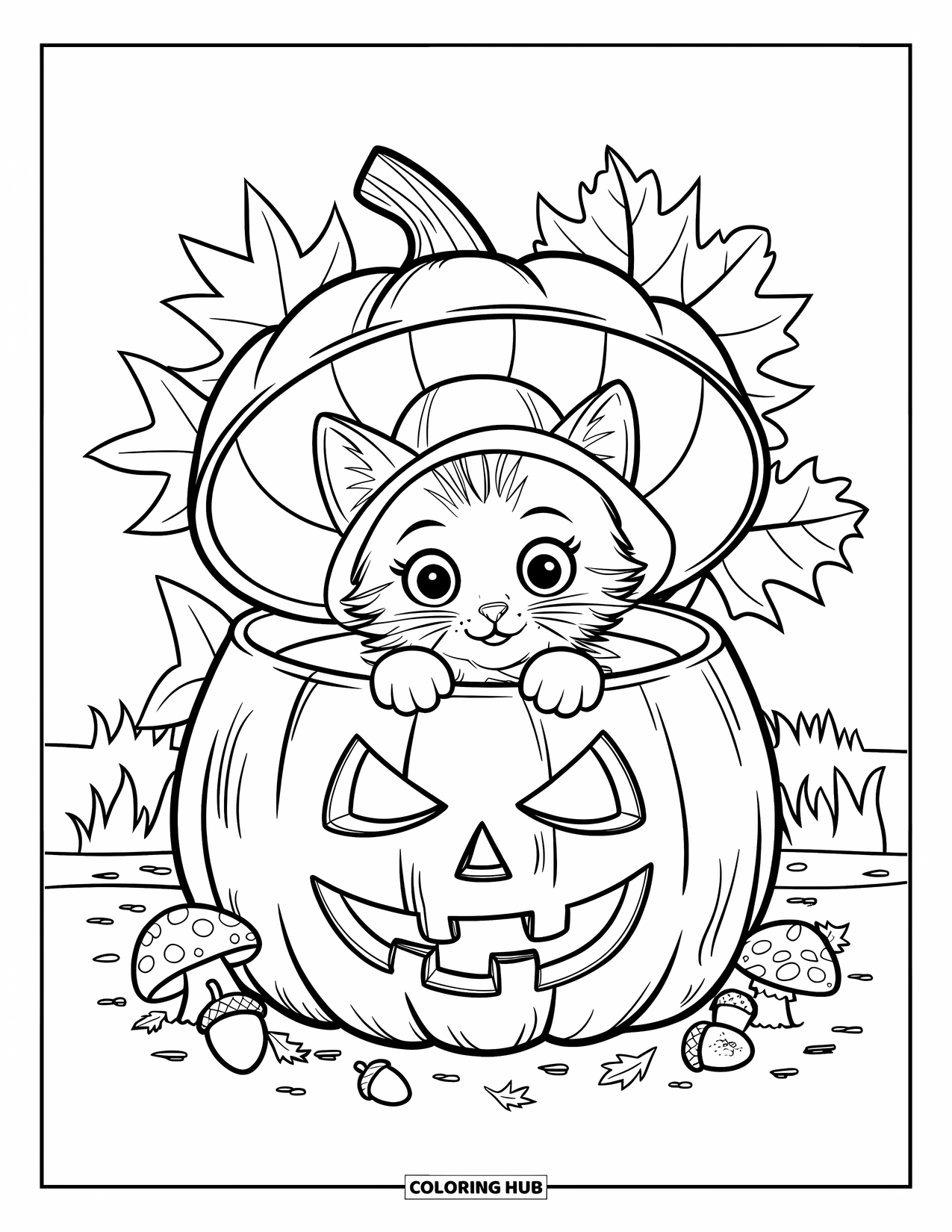 Dibujo de gatito para colorear para adultos: Un gatito asoma desde una calabaza ahuecada, rodeado de hojas de otoño, champiñones y bellotas