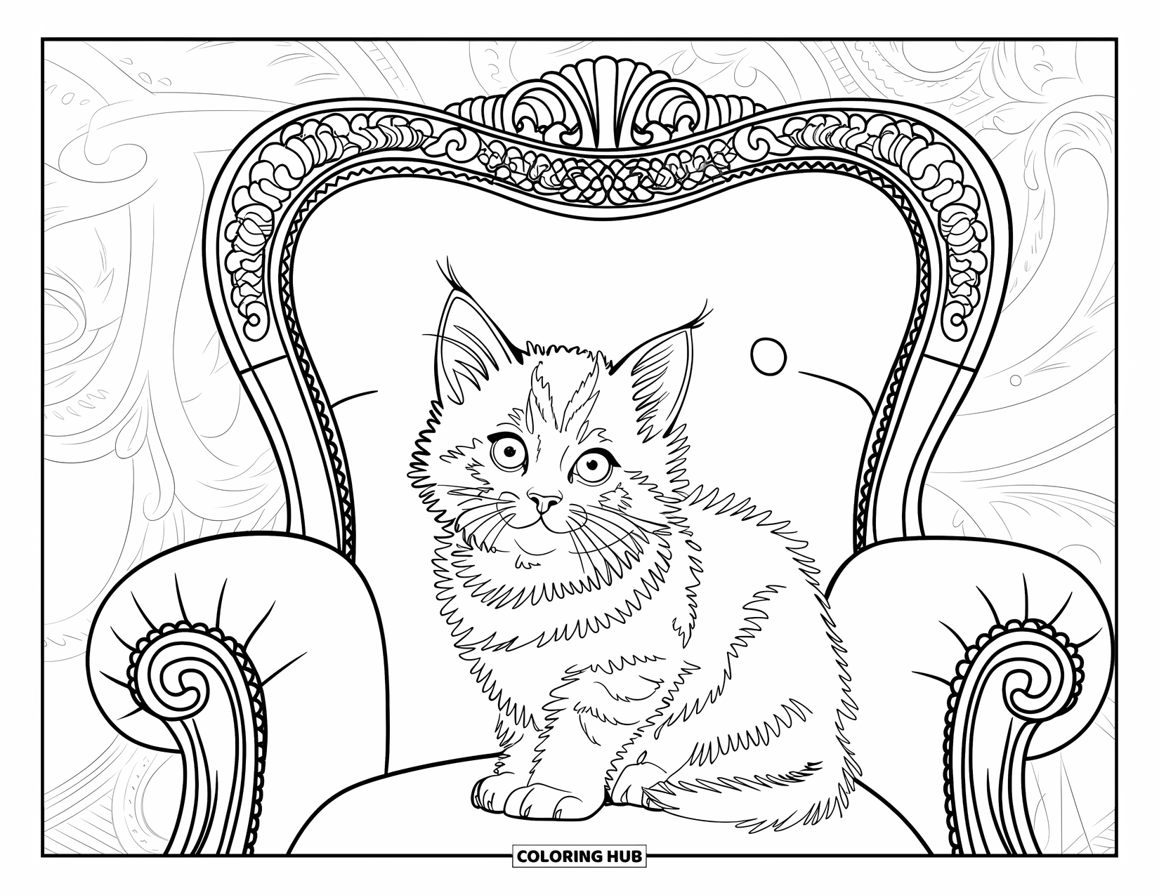Dibujo de gatito para colorear para adultos: Un gatito se posa en una silla ornamentada, rodeado de encaje delicado e intrincados diseños victorianos
