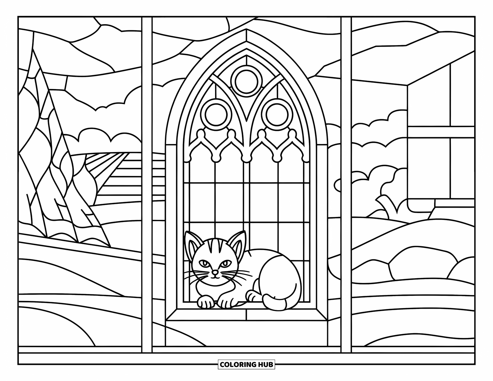 Dibujo de gatito para colorear para adultos: Un gatito descansa dentro de una vidriera, enmarcado por arcos góticos e intrincados patrones