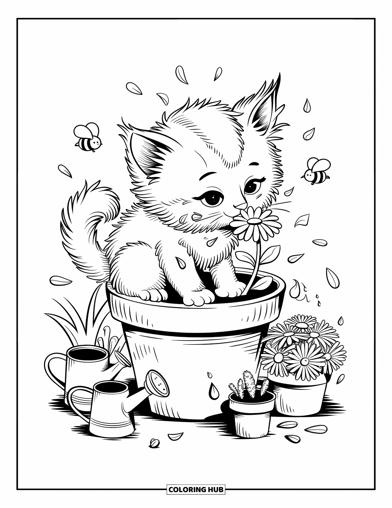 Dibujo de gatito para colorear para adultos: Un gatito se sienta dentro de una maceta, oliendo una margarita mientras las abejas zumban alrededor del jardín