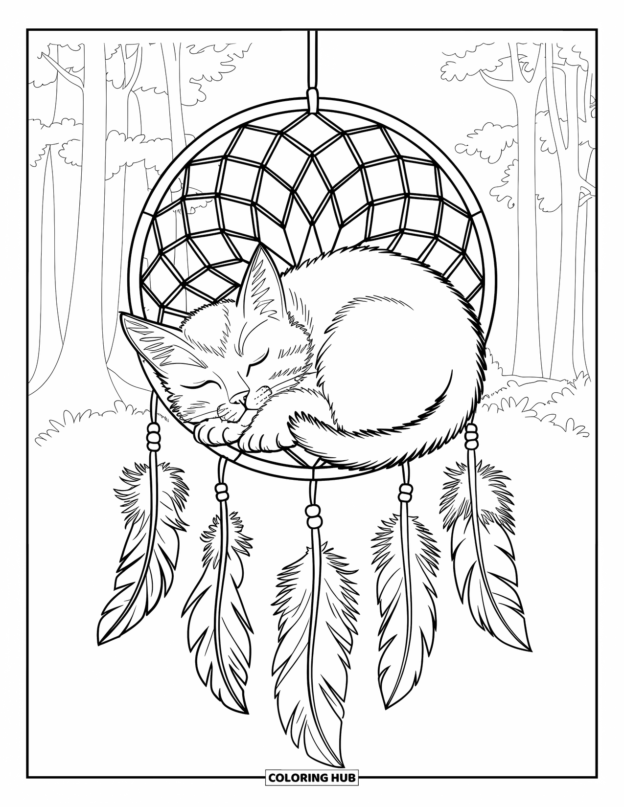 Dibujo de gatito para colorear para adultos: Un gatito Maine Coon duerme dentro de un atrapasueños, acurrucado entre delicadas plumas