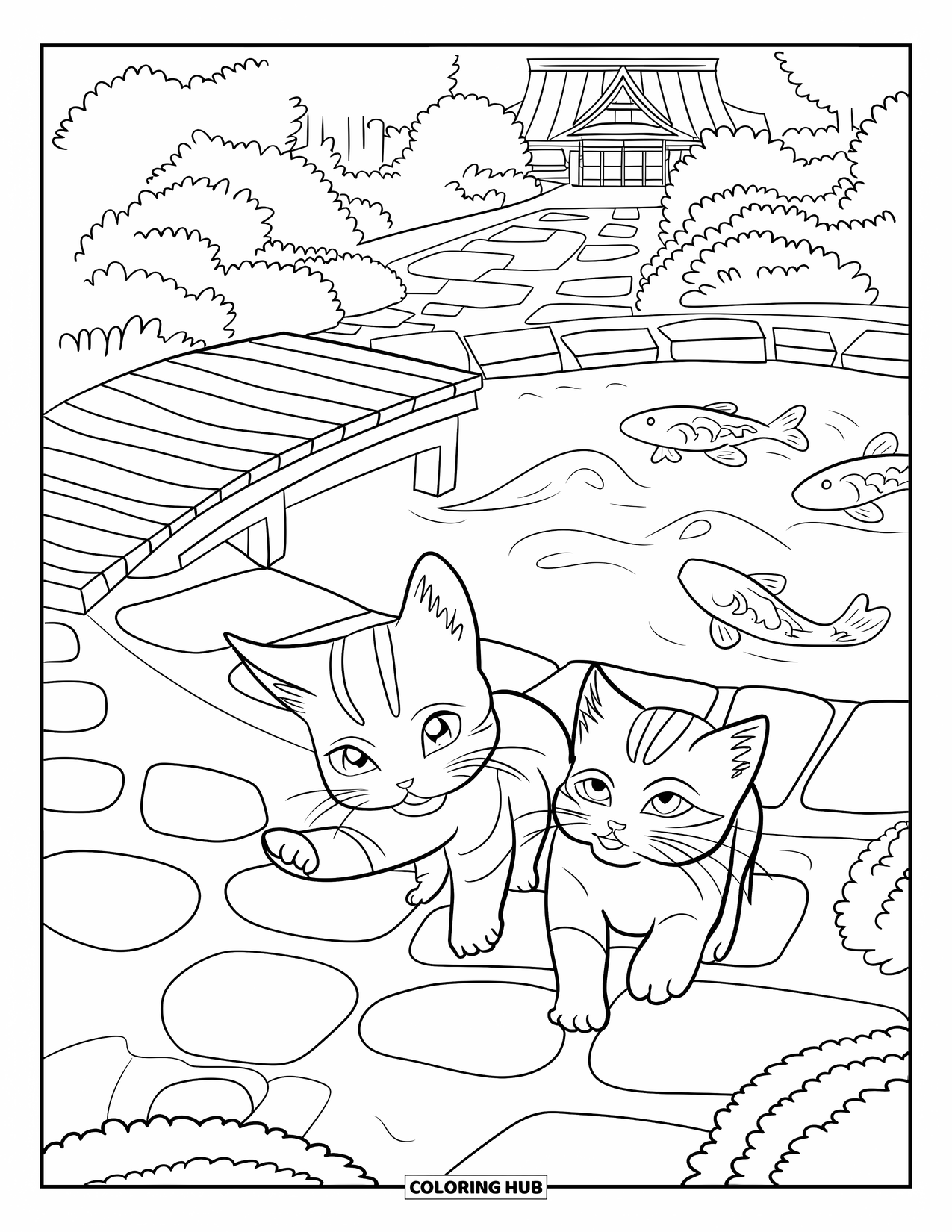 Dibujo de gatito para colorear para adultos: Un par de gatitos se persiguen a través de un camino de piedra en un tranquilo jardín japonés