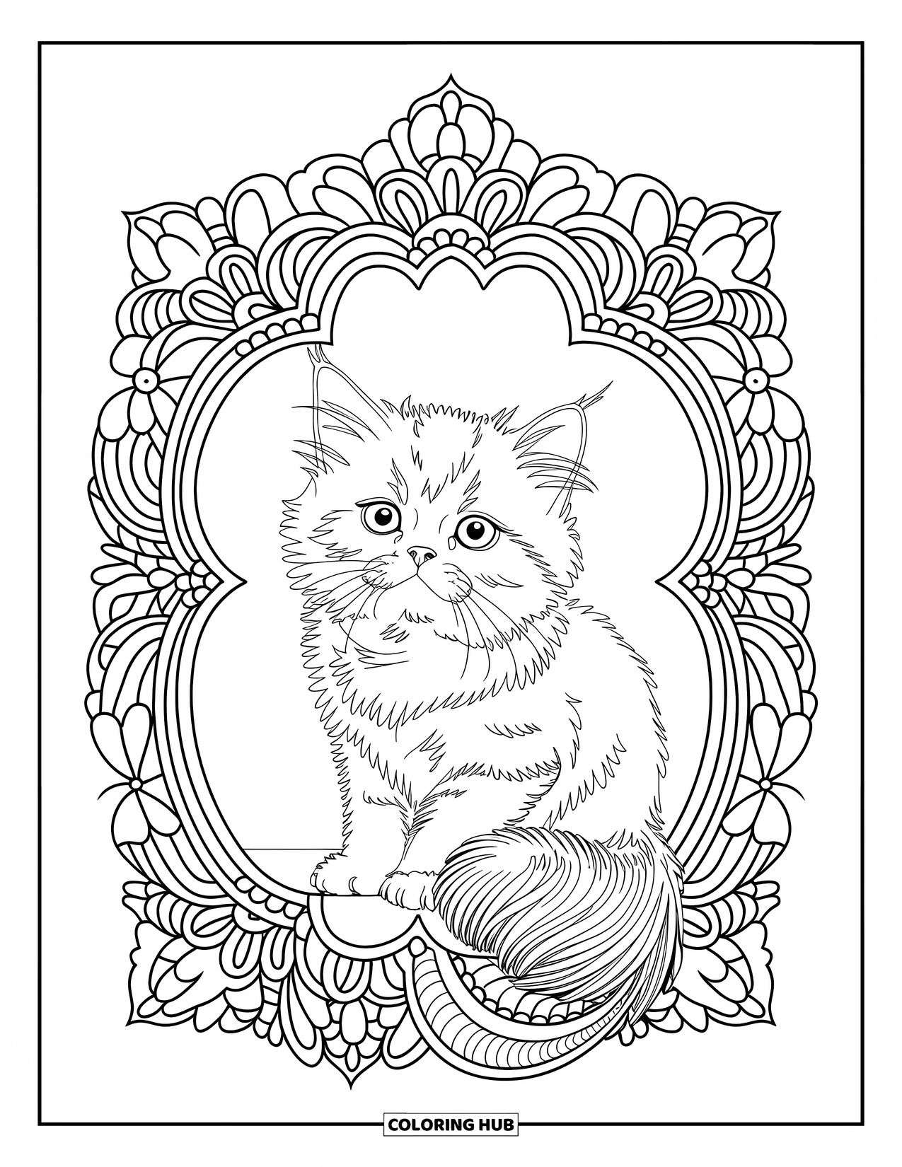 Dibujo de gatito para colorear para adultos: Un gatito persa se sienta elegantemente dentro de un marco floral lleno de flores estilo mandala
