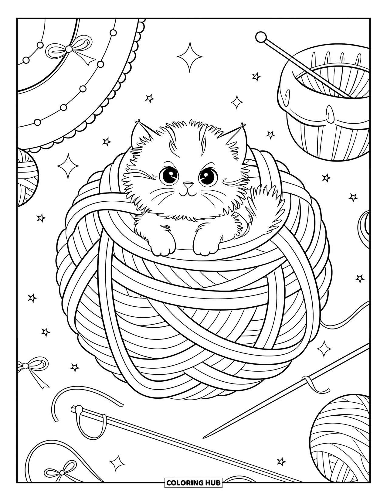 Dibujo de gatito para colorear para adultos: Un gatito persa inclina la cabeza con curiosidad, envuelto en lana suave con lazos y destellos