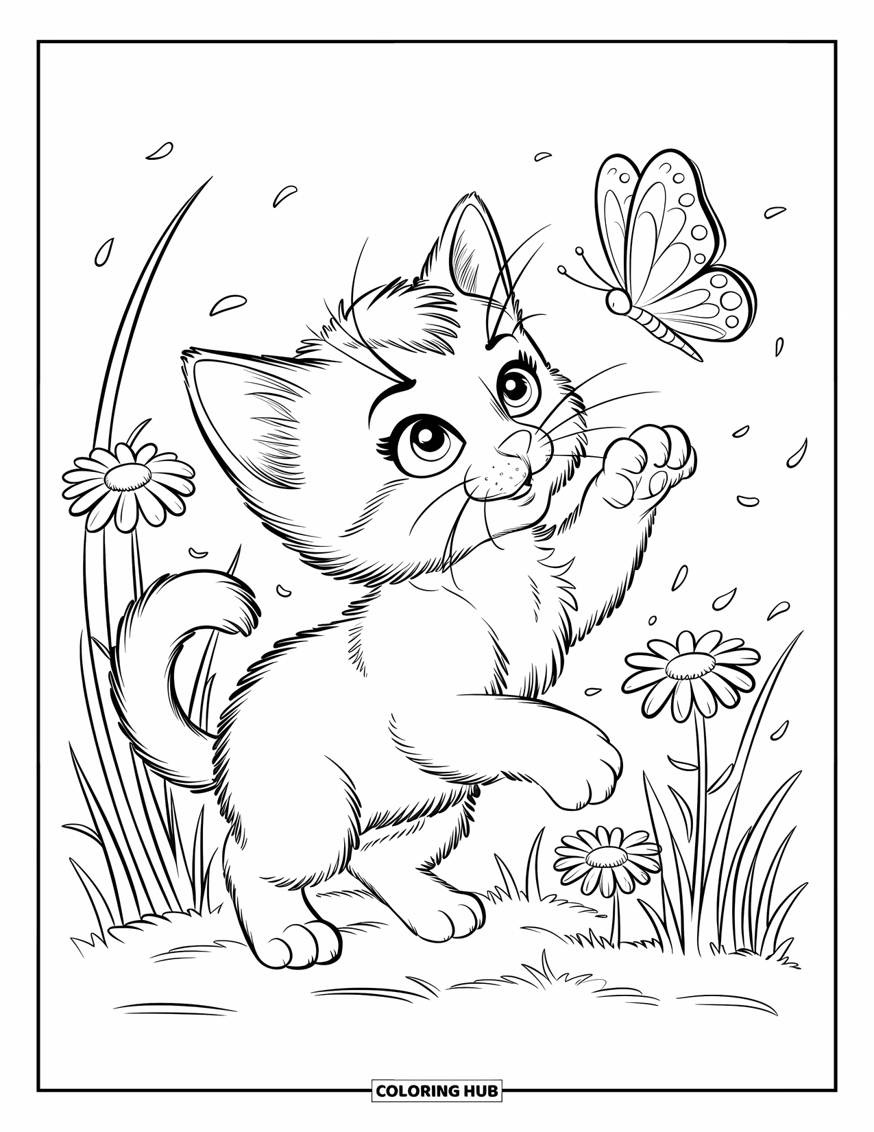 Dibujo de gatito para colorear para adultos: Un gatito juguetón salta en el aire, tratando de alcanzar una mariposa que revolotea justo fuera de su alcance