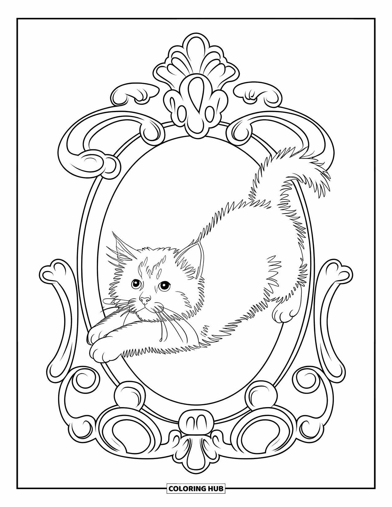 Dibujo de gatito para colorear para adultos: Un gatito Ragdoll se estira dentro de un marco de espejo barroco, su reflejo se mezcla con adornados remolinos