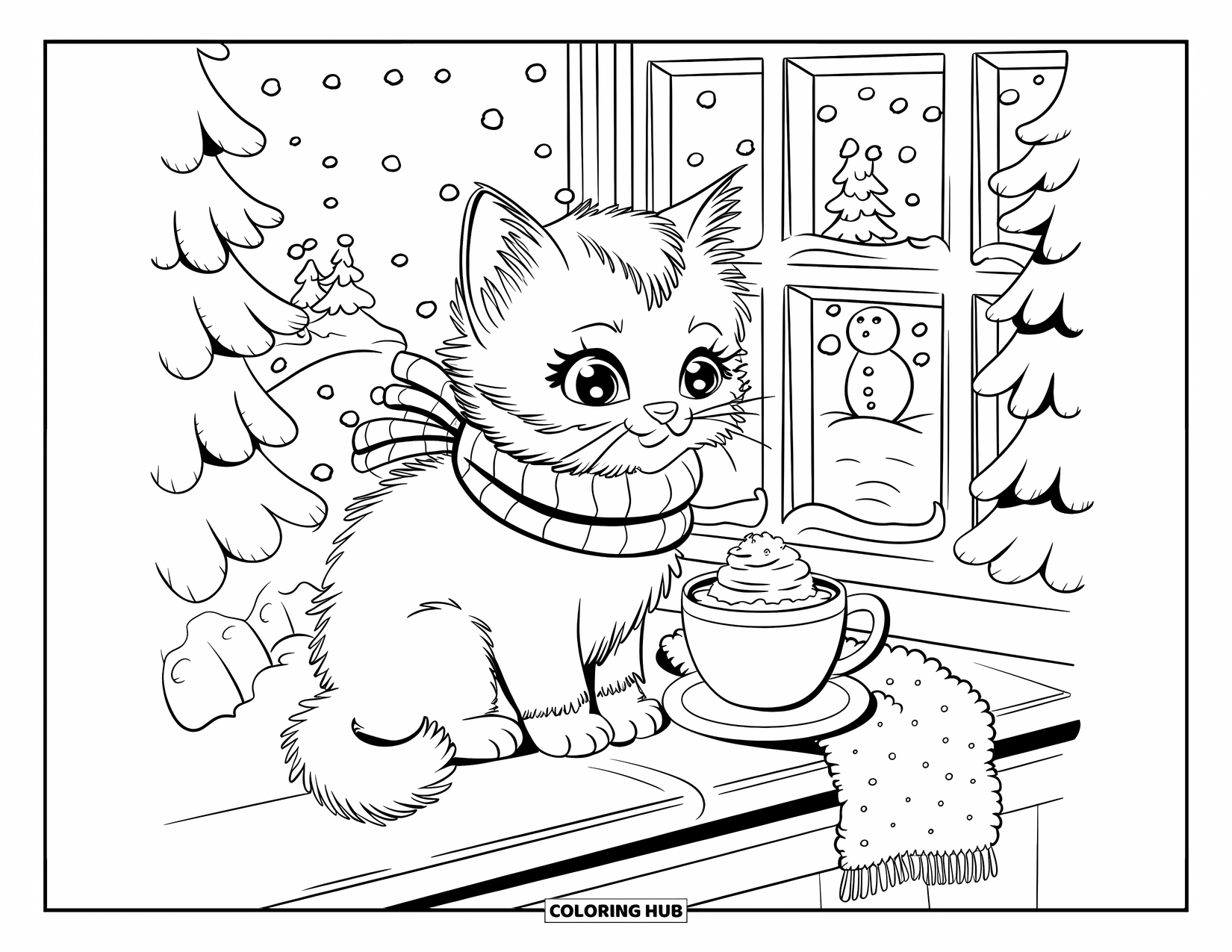 Dibujo de gatito para colorear para adultos: Un gatito siberiano con una bufanda pequeña se sienta en el alféizar de una ventana nevada, observando caer los copos de nieve
