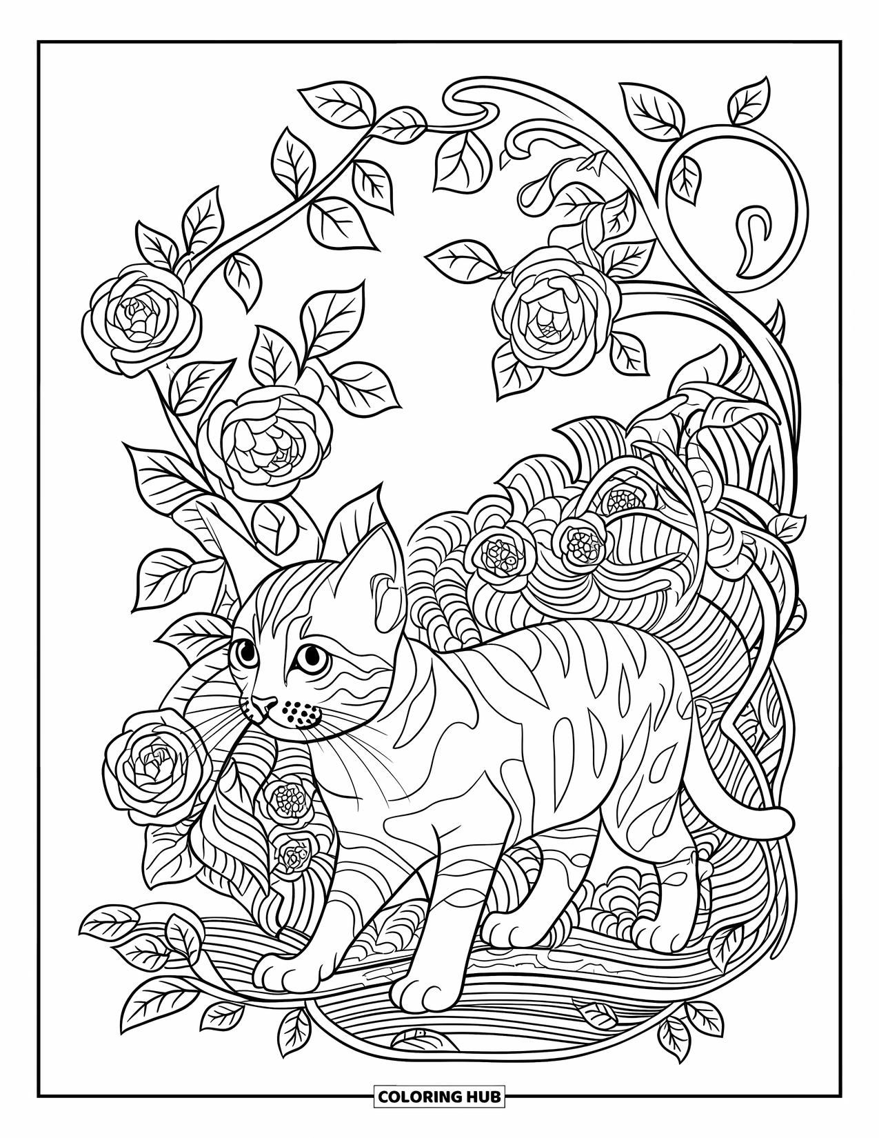 Dibujo de gatito para colorear para adultos: Un elegante gatito bengalí se mueve a través de enredaderas rizadas, sus pasos enmarcados por rosas florecientes