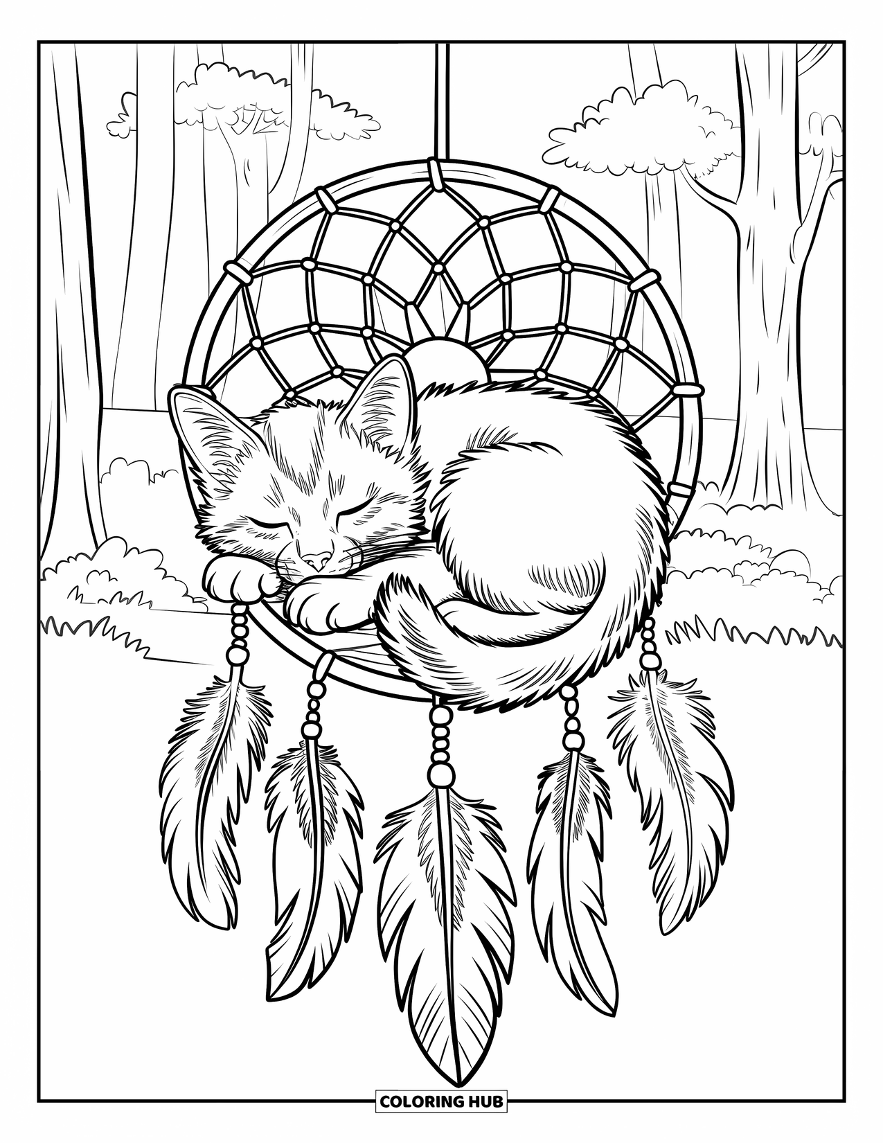 Dibujo de gatito para colorear para adultos: Un gatito durmiendo descansa dentro de un atrapasueños, rodeado de plumas y cuentas flotantes