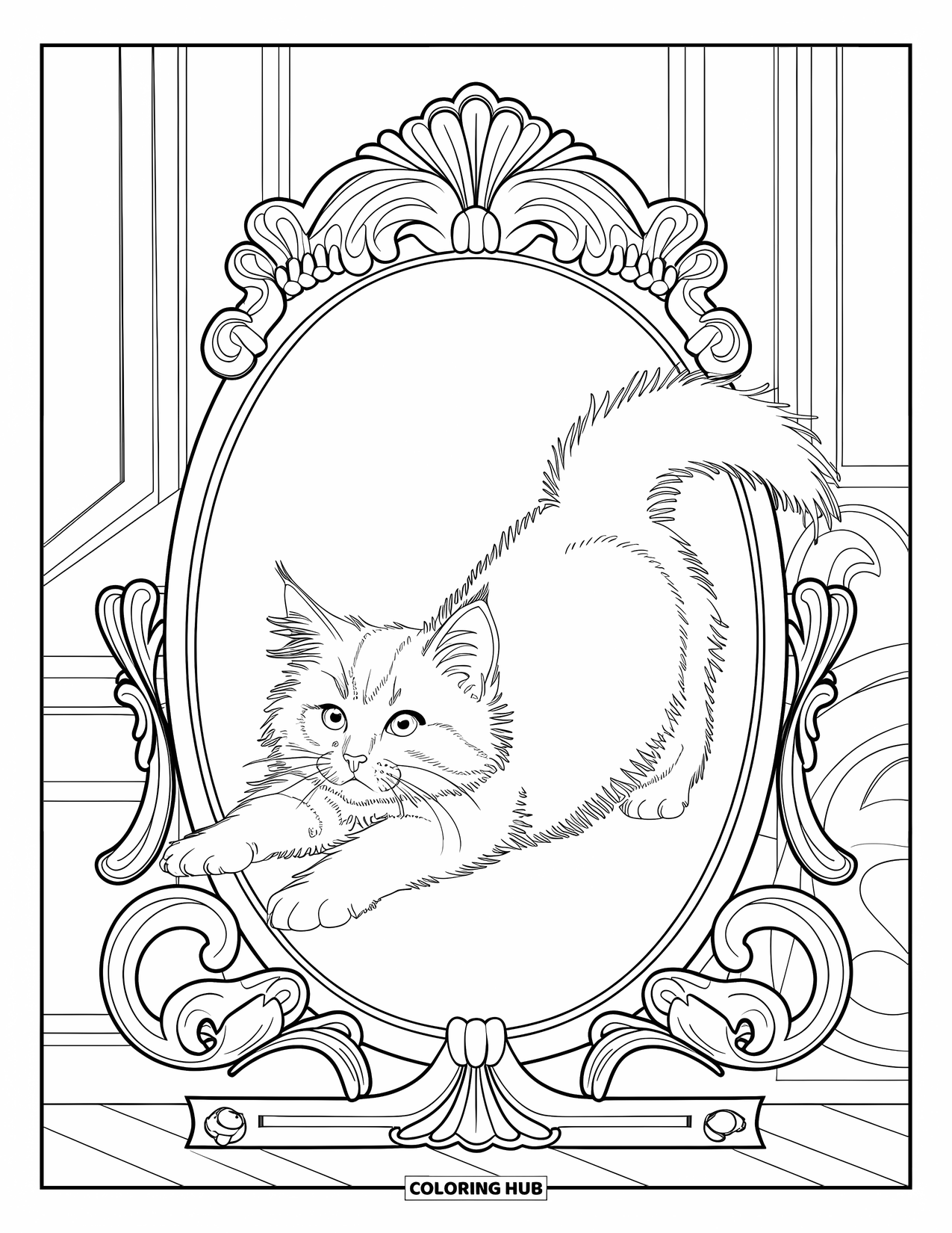 Dibujo de gatito para colorear para adultos: Un gatito estirándose está enmarcado dentro de un elaborado espejo barroco rodeado de detalles giratorios