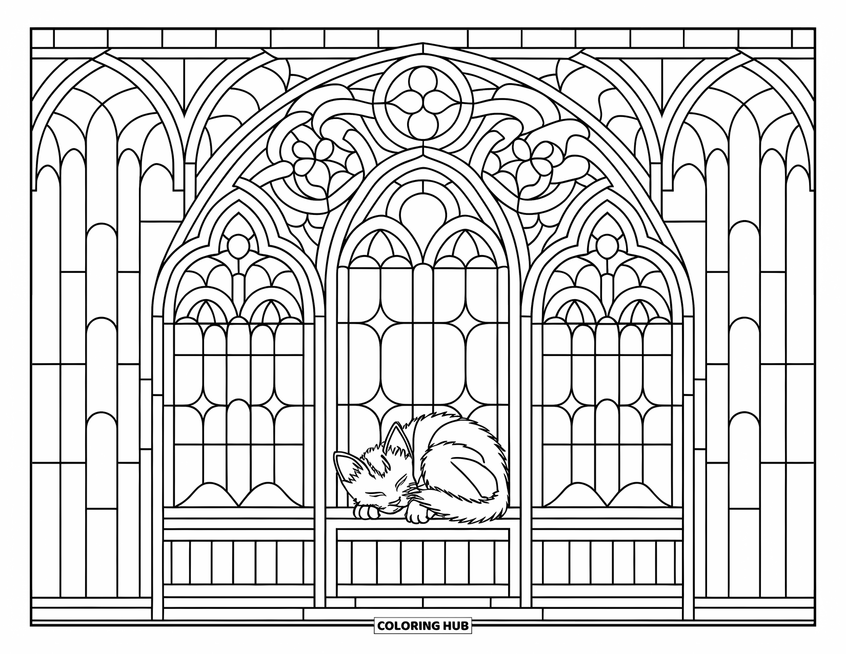 Dibujo de gatito para colorear para adultos: Un pequeño gatito se acurruca en una repisa dentro de una vidriera llena de diseños elegantes