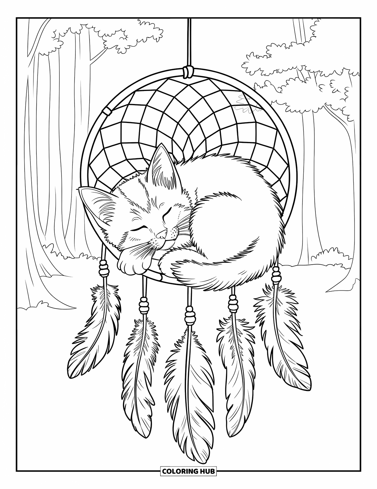 Dibujo de gatito para colorear para adultos: Un pequeño gatito se acurruca dentro de un atrapasueños, balanceándose suavemente entre altos árboles del bosque