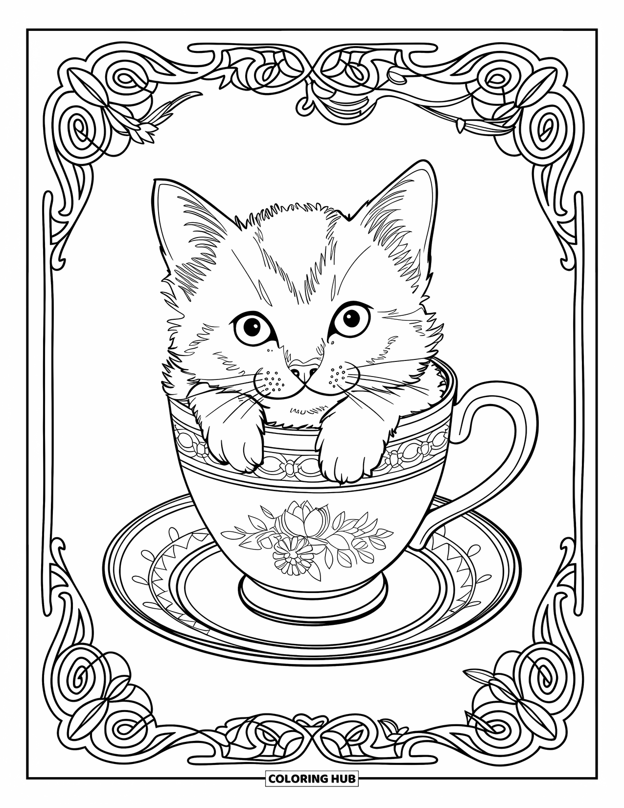 Dibujo de gatito para colorear para adultos: Un pequeño gatito asoma desde una taza de té ornamentada, descansando sobre una mesa cubierta de encaje