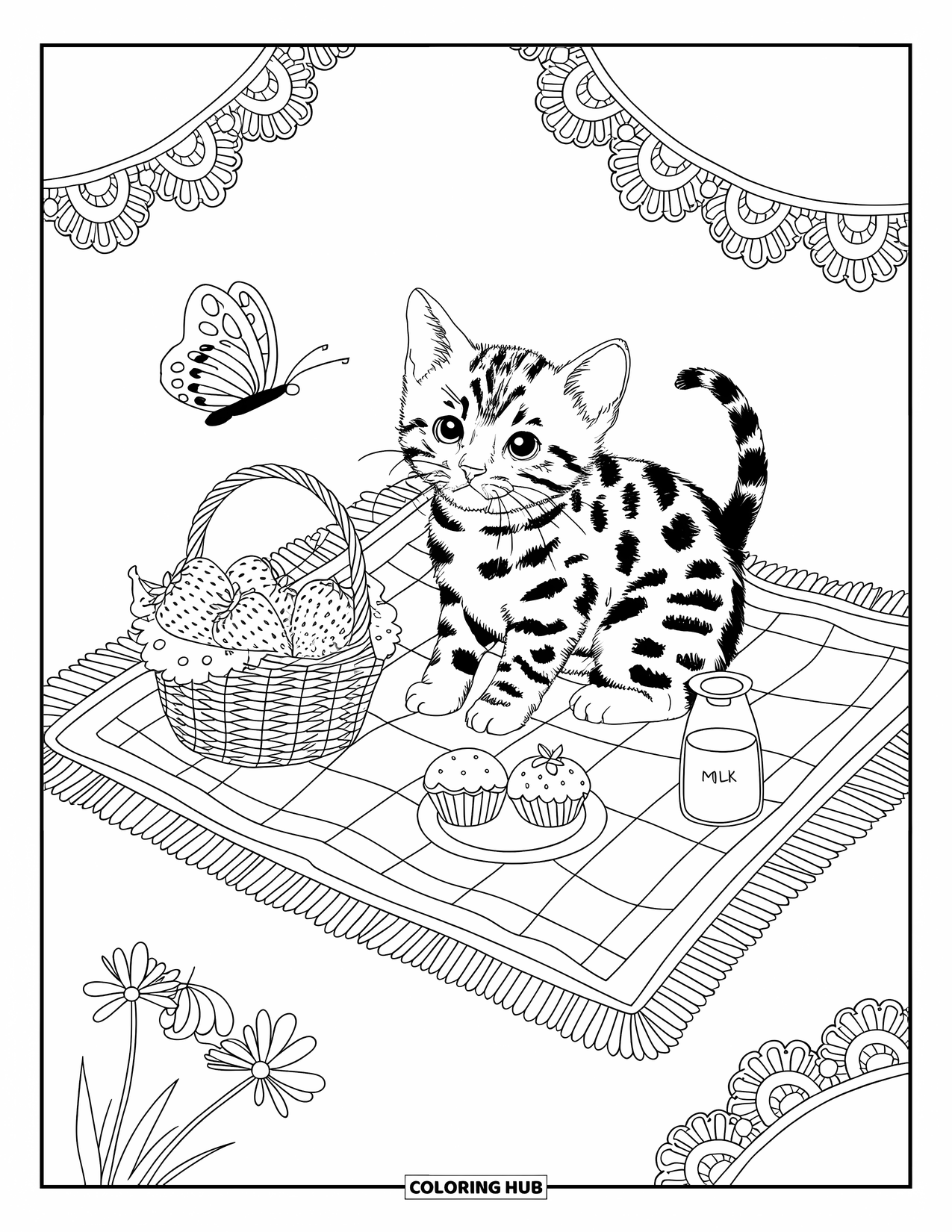 Dibujo de gatito para adultos: Un pequeño gatito golpea juguetonamente una mariposa durante un picnic con cestas de dulces