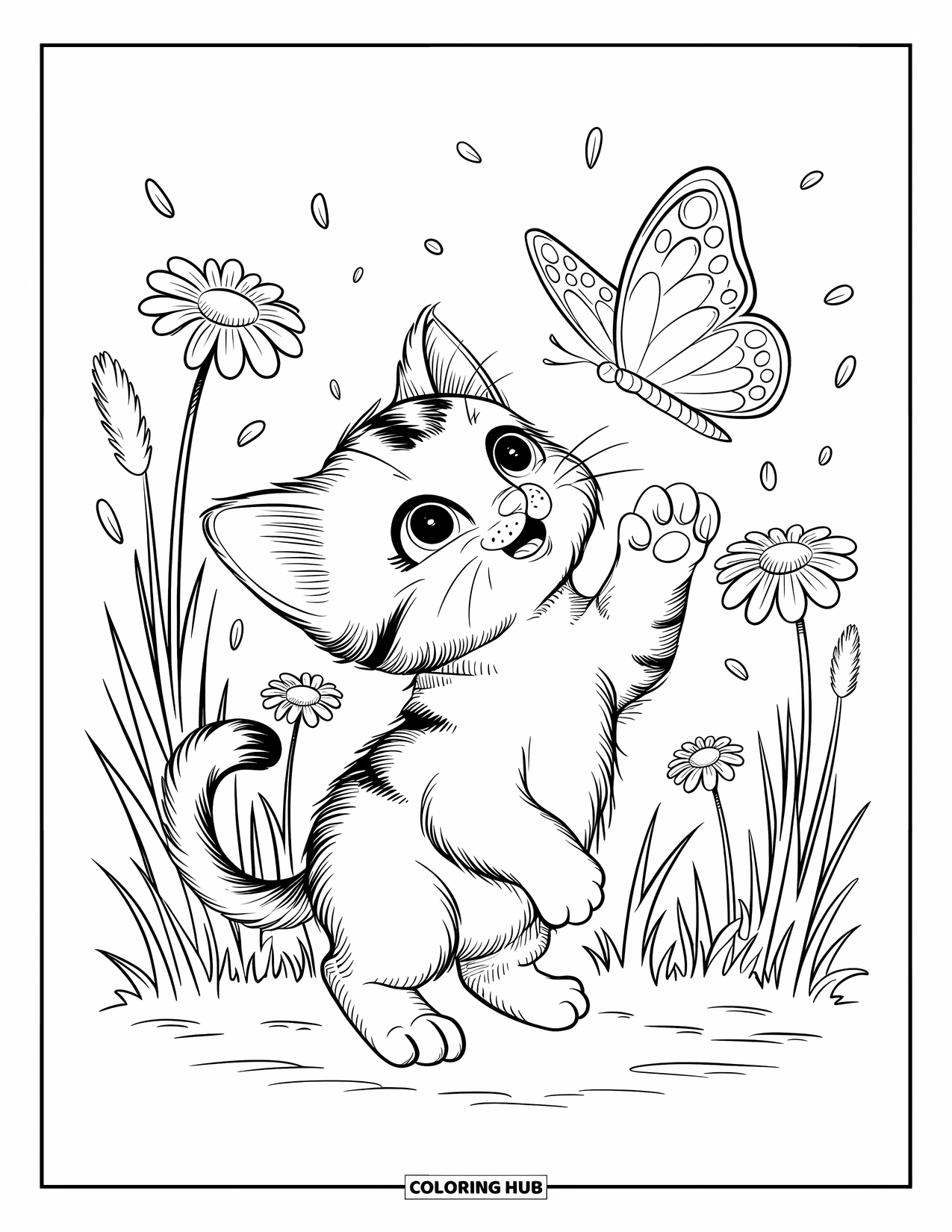 Dibujo de gatito para colorear para adultos: Un pequeño gatito se lanza hacia una mariposa, rodeado de hierba alta y pétalos de flores flotantes