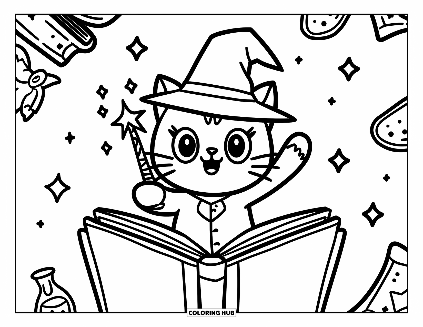 Dibujo de gatito para adultos: Un pequeño gatito mago agita su varita brillante, rodeado de pociones, libros y estrellas parpadeantes