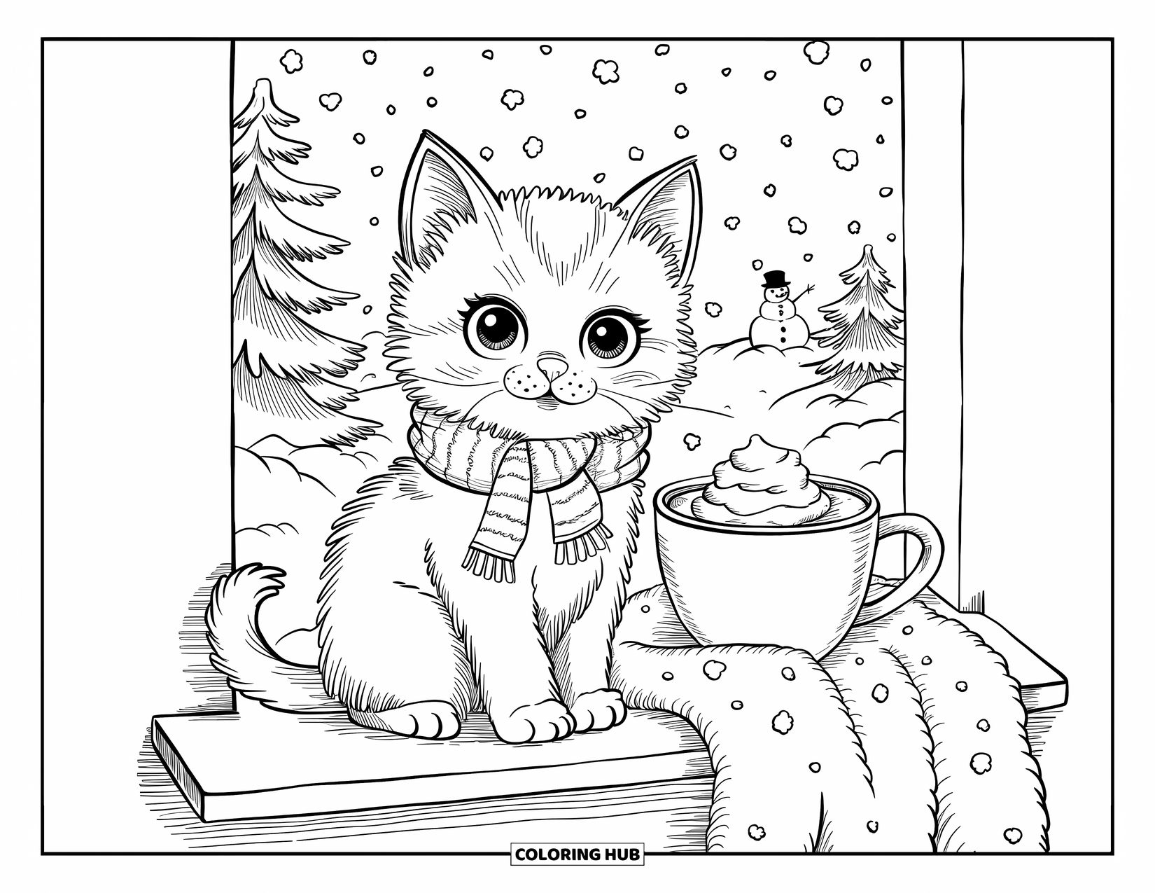 Dibujo de gatito para colorear para adultos: Un gatito cálido y acogedor observa caer los copos de nieve, acurrucado junto a una ventana con cacao y mantas