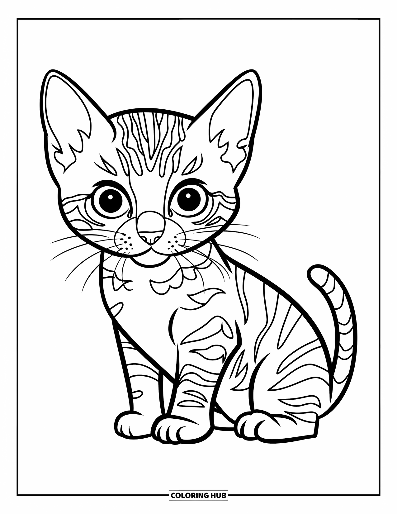 Dibujo de gatito para niños: Un gatito bengalí se sienta en una roca, sus curiosos ojos muy abiertos mientras observa el paisaje abierto