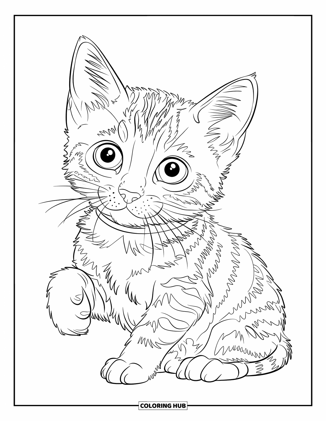 Dibujo de gatito para niños: Un gatito bengalí esponjoso se sienta con energía juguetona, con las orejas levantadas y las patas listas para saltar