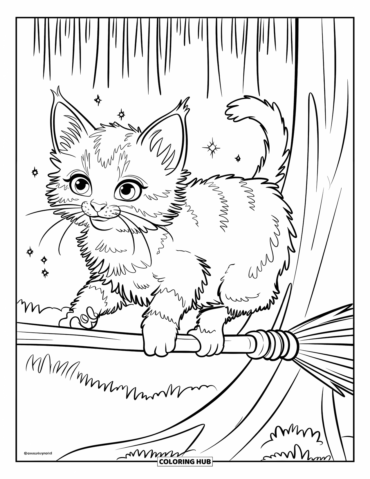 Dibujo de gatito para niños: Un gatito esponjoso se equilibra en un palo de escoba, rodeado de chispas en un bosque místico