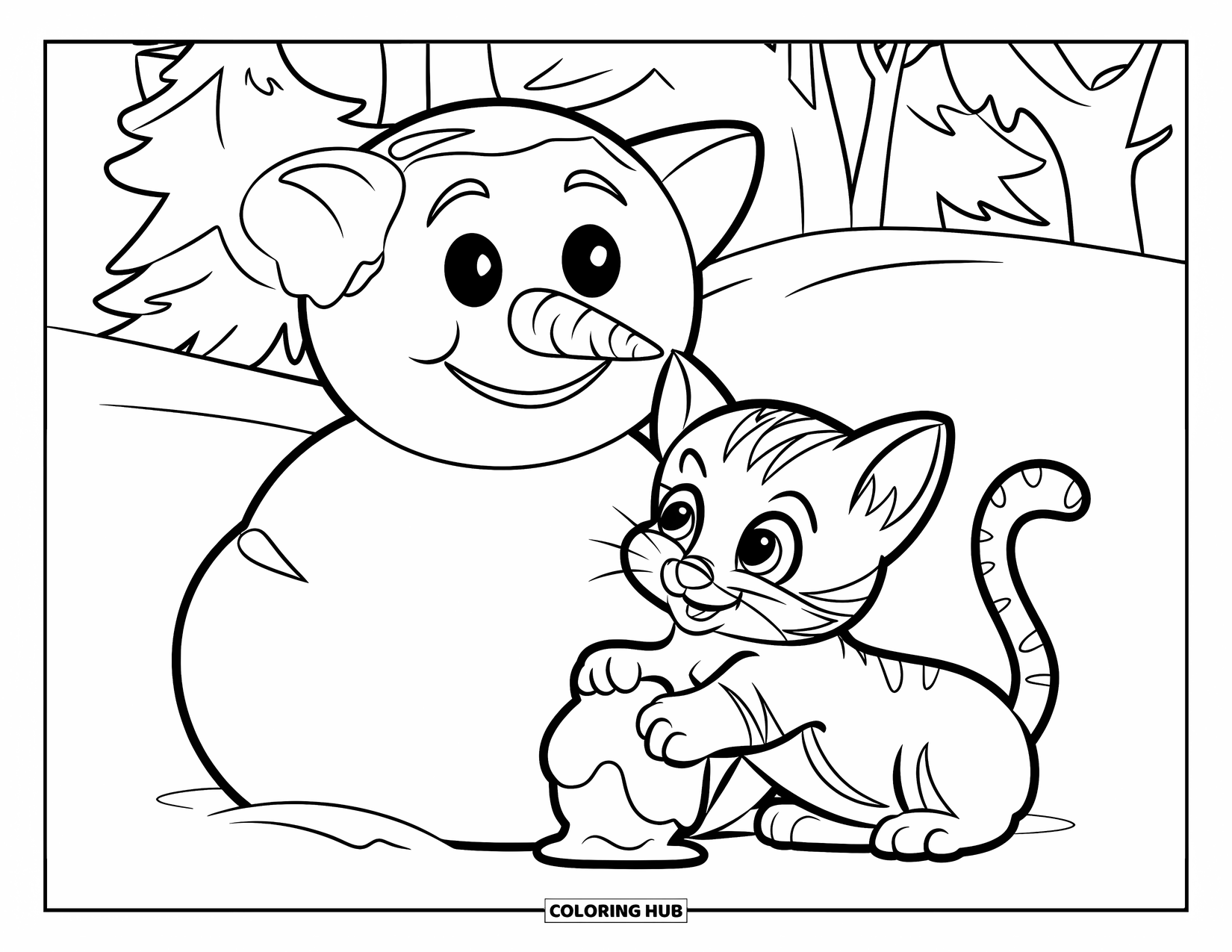 Dibujo de gatito para niños: Un gatito esponjoso golpea con curiosidad una bola de nieve junto a un alegre muñeco de nieve en una escena nevada