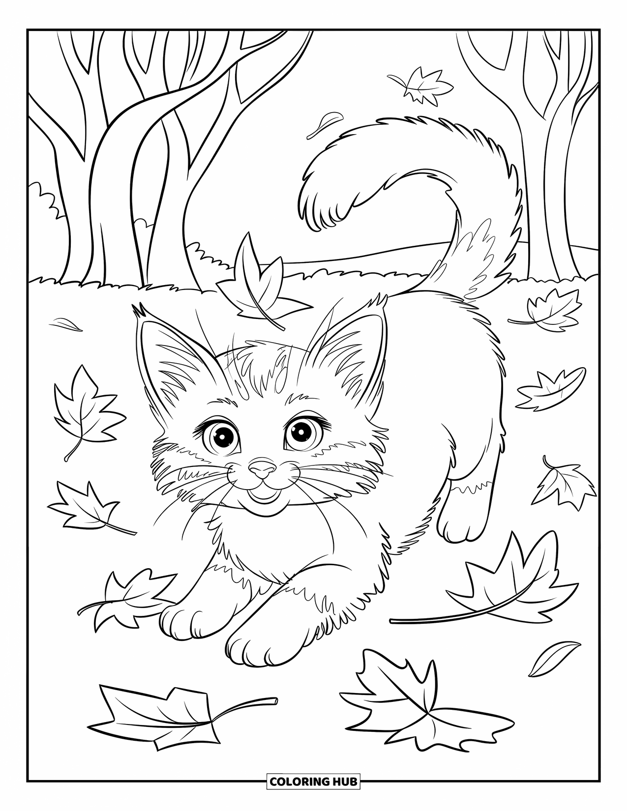 Dibujo de gatito para niños: Un gatito esponjoso salta entre hojas arremolinadas, persiguiendo la brisa otoñal