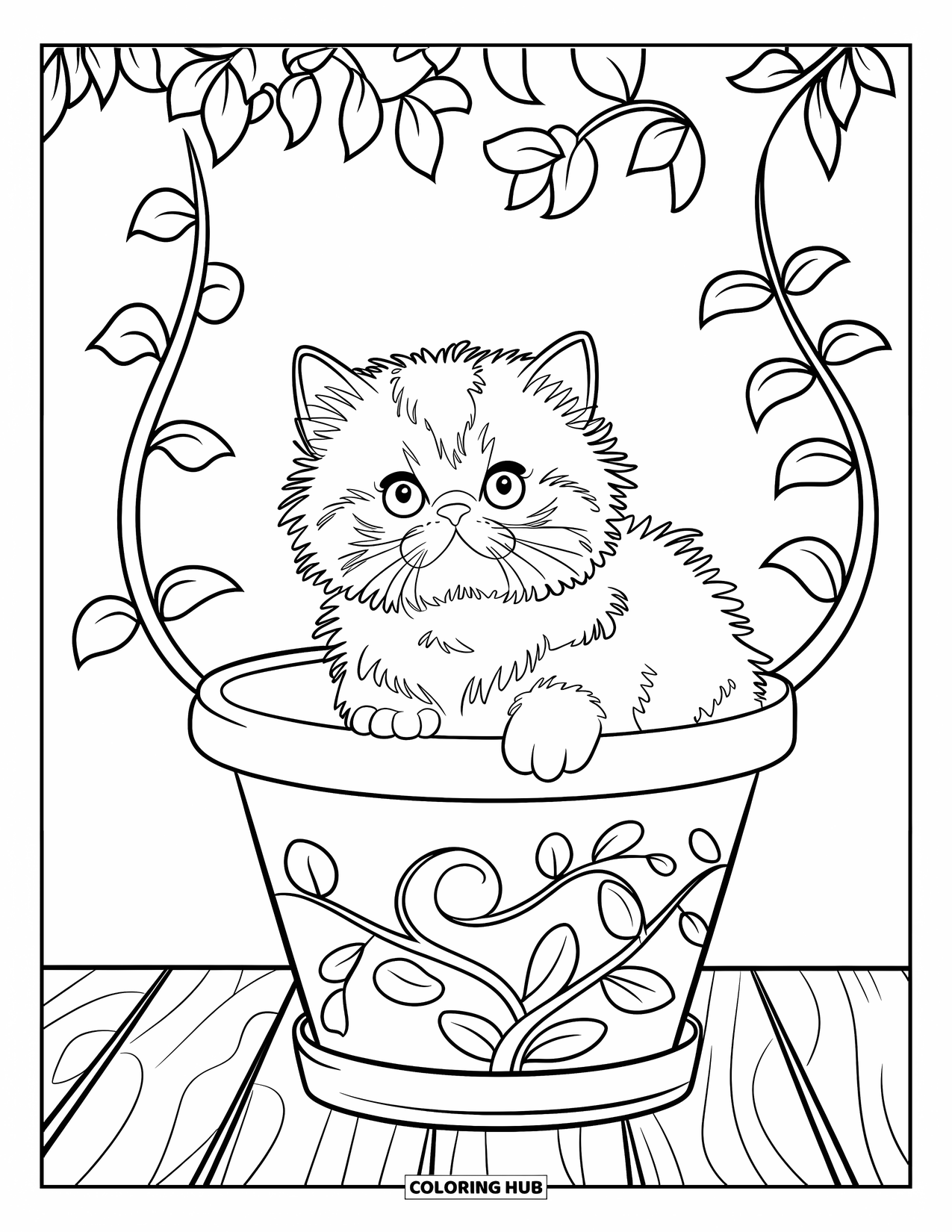 Dibujo de gatito para niños: Un gatito esponjoso asoma por una maceta, rodeado de delicadas enredaderas