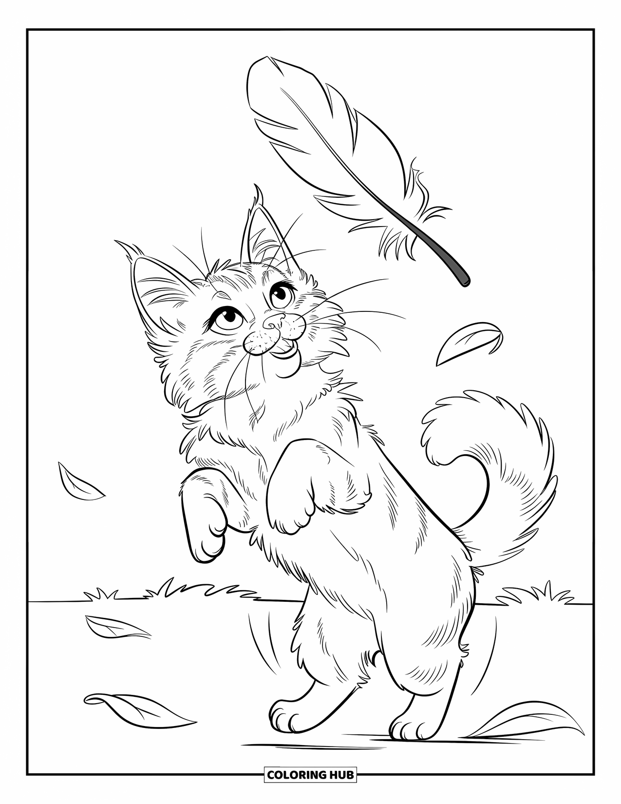 Dibujo de gatito para niños: Un gatito esponjoso se lanza hacia una pluma flotante, rodeado de hojas de otoño que caen