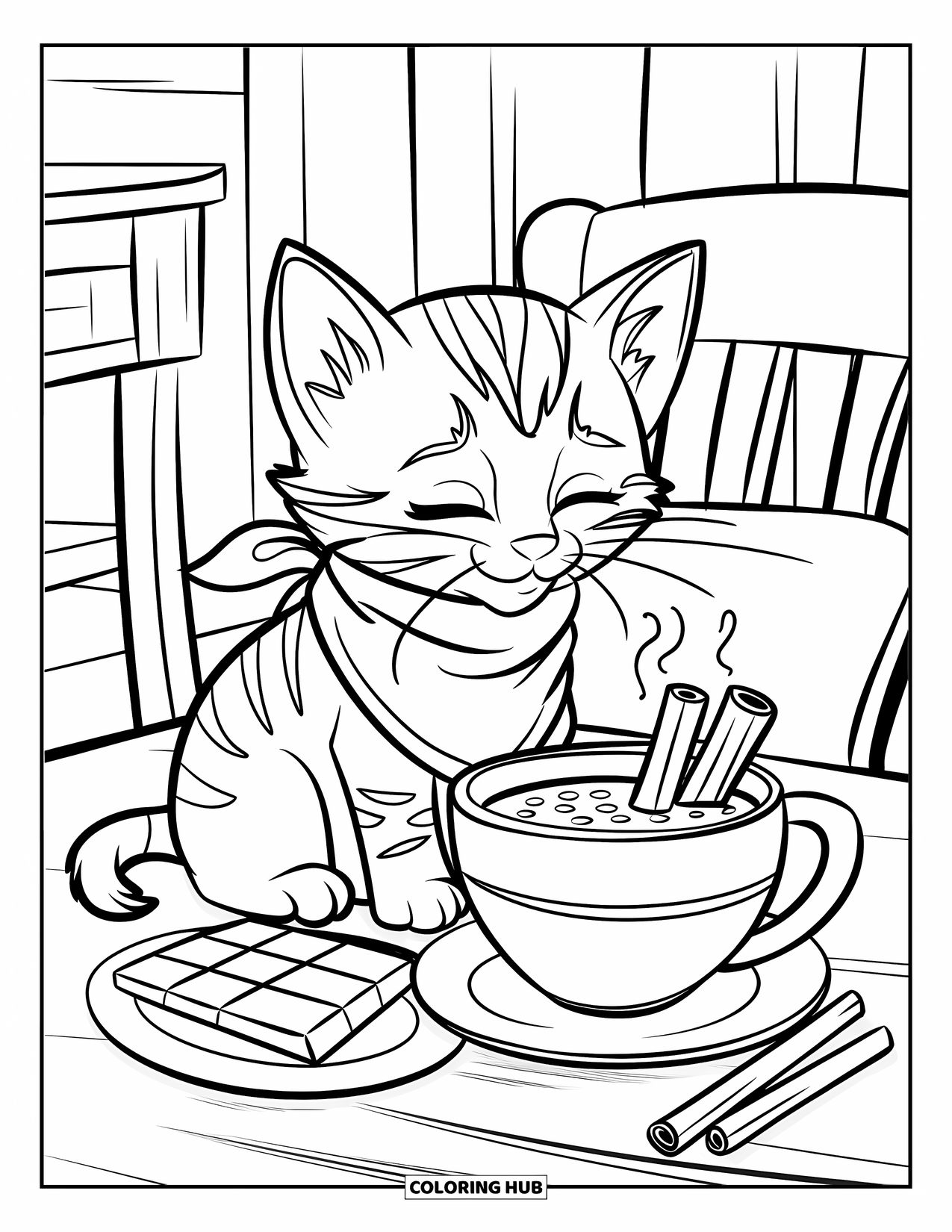 Dibujo de gatito para niños: Un gatito esponjoso ronronea junto a una taza de chocolate, disfrutando del calor de un día nevado