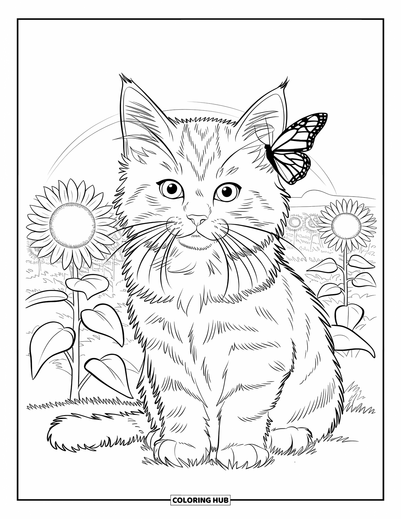 Dibujo de gatito para niños: Un gatito esponjoso se relaja entre girasoles, con una delicada mariposa posada en su oreja