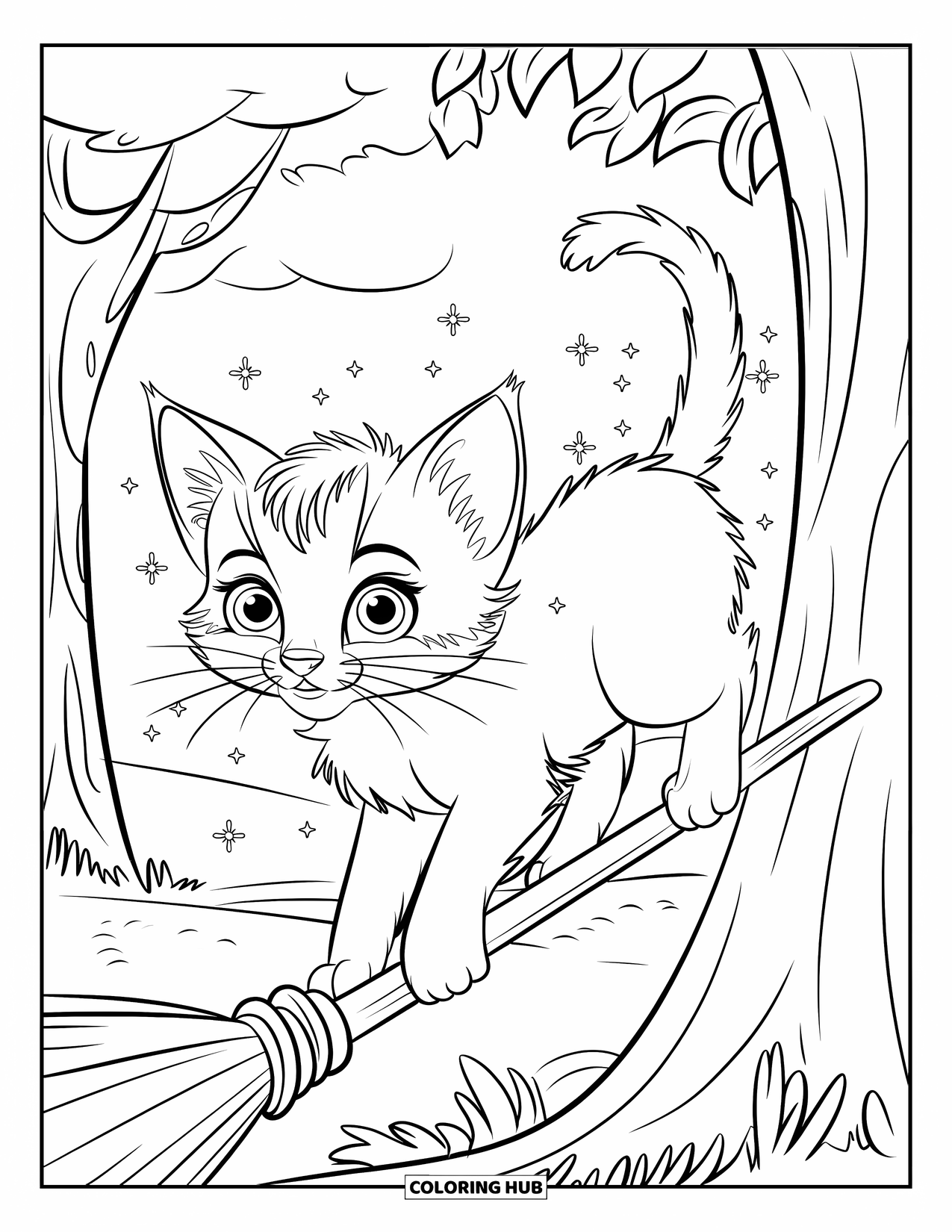 Dibujo de gatito para niños: Un gatito esponjoso se sienta en un palo de escoba, sus ojos grandes reflejan el brillo de las chispas flotantes